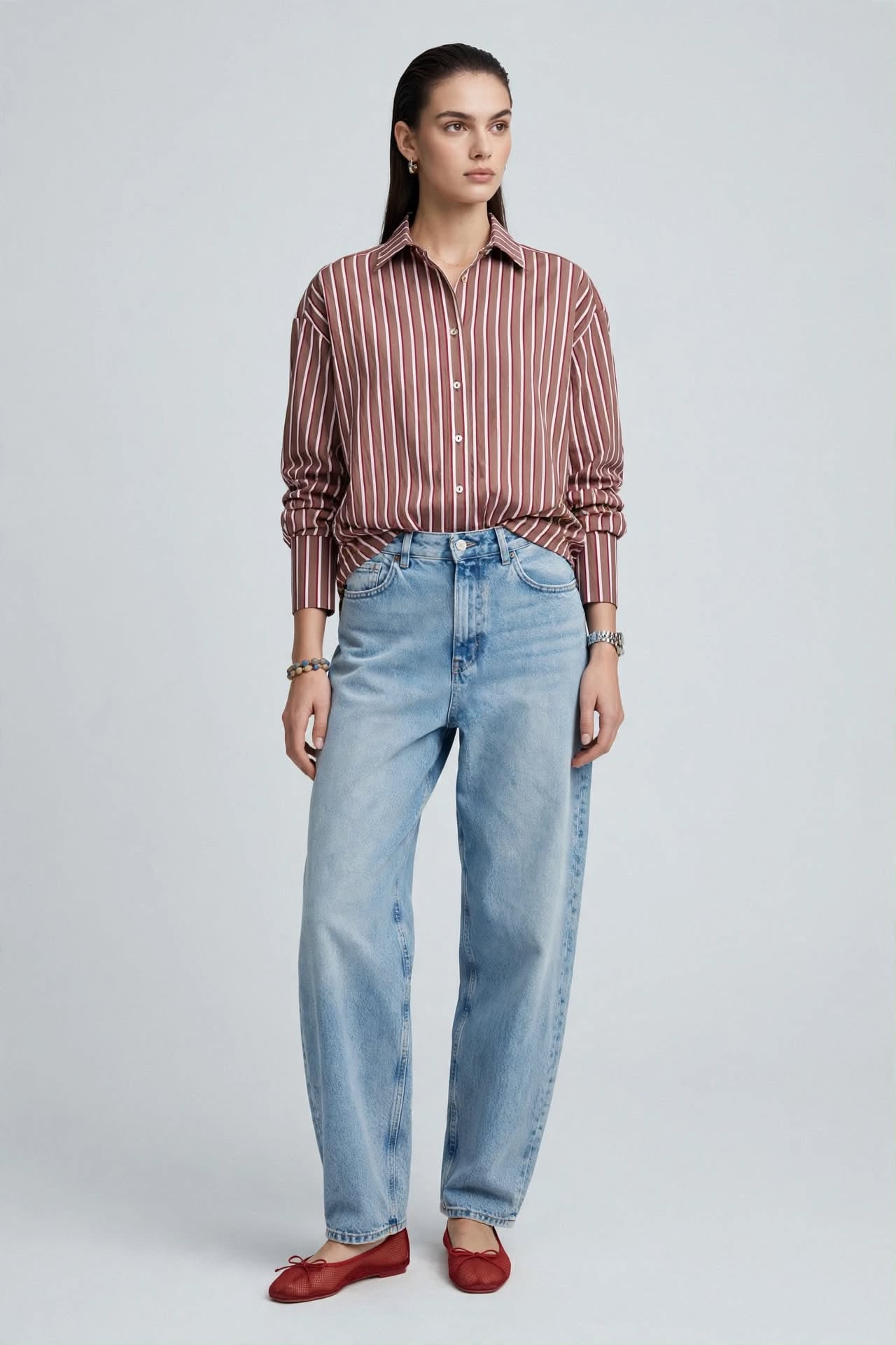 Chemise oversize à rayures bordeaux et blanches