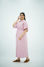 Robe-chemise longue rayée rose