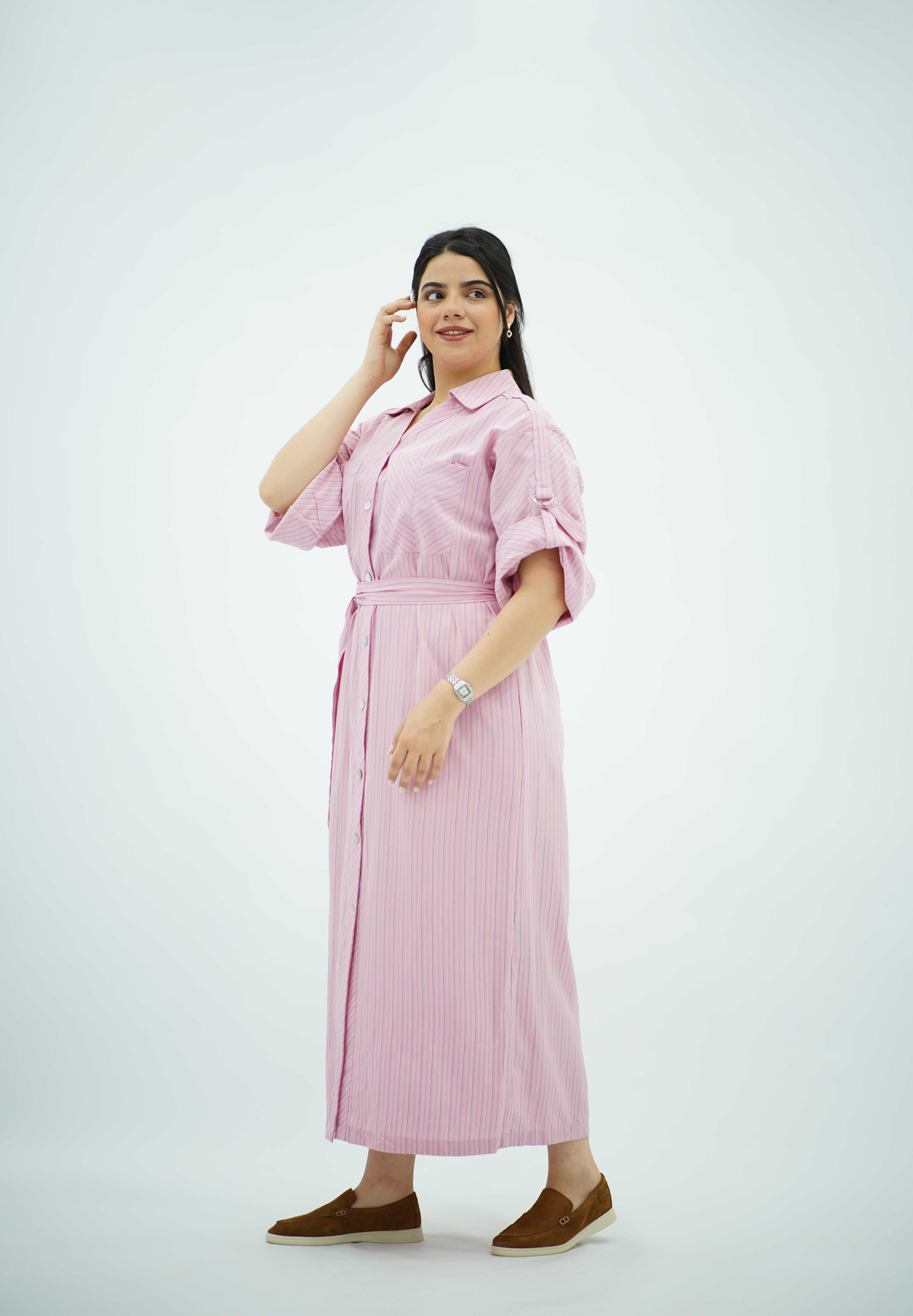 Robe-chemise longue rayée rose