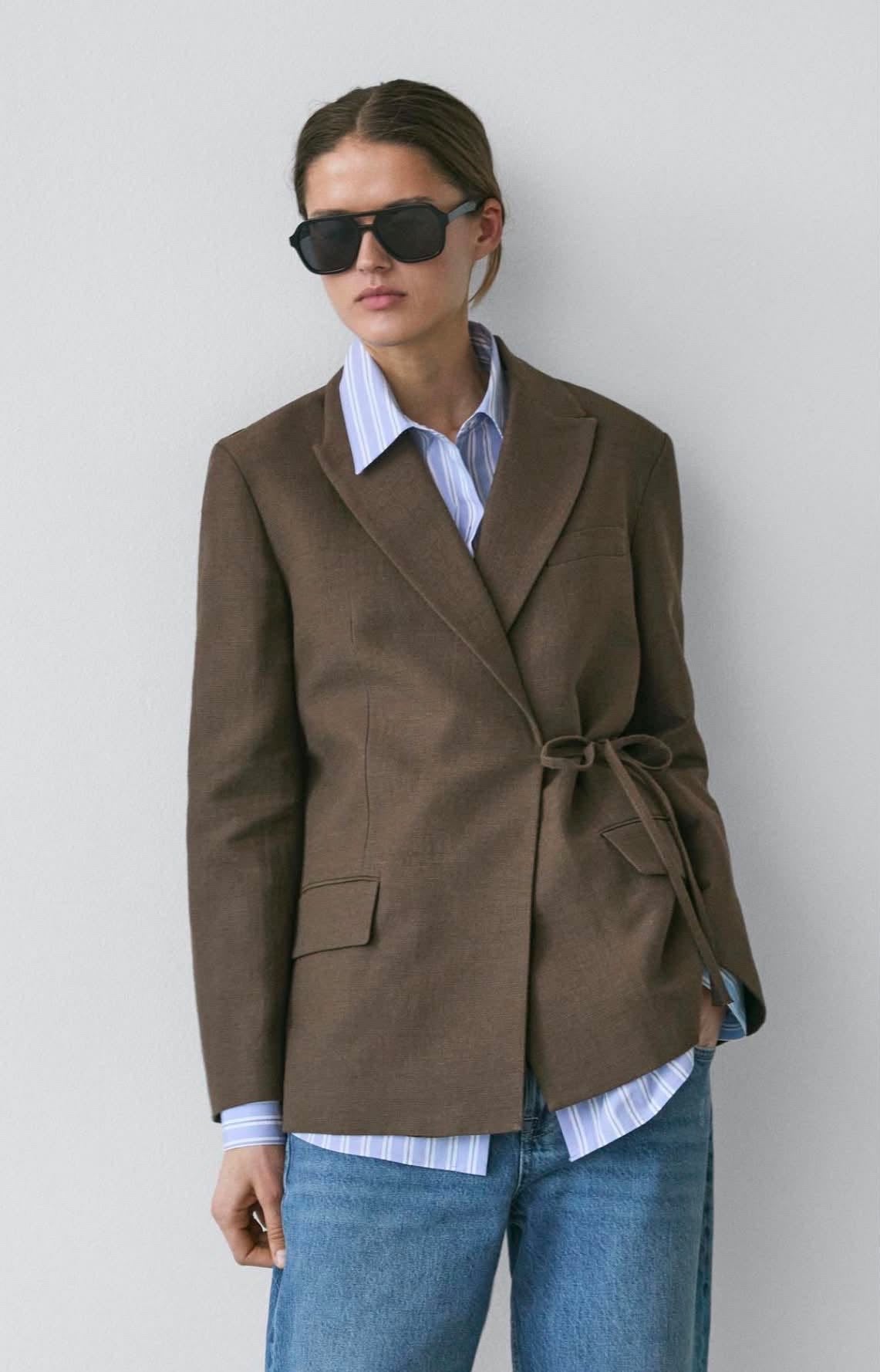 Veste cache-cœur en lin vert olive