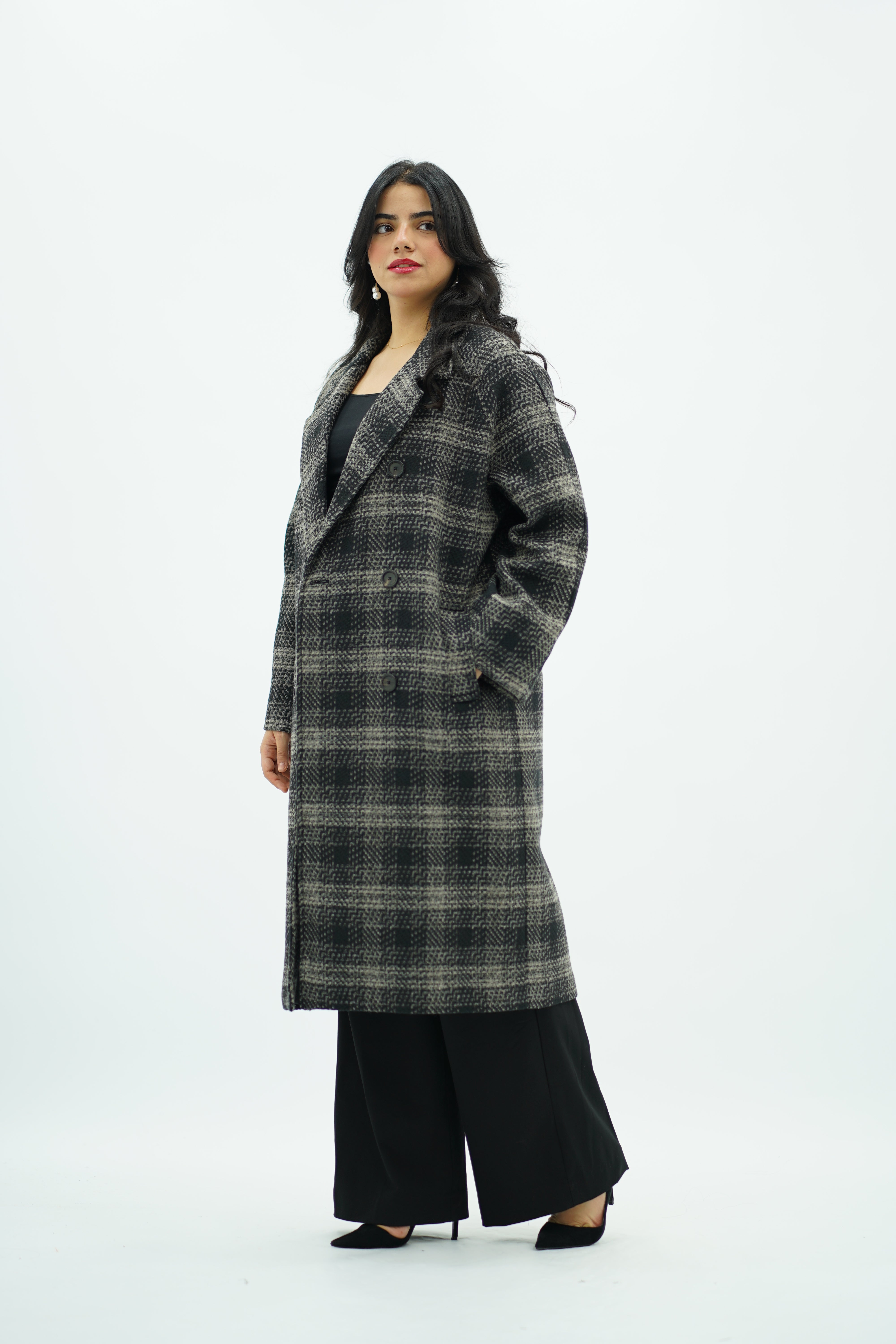 Manteau Long à Grand Motif Carreaux
