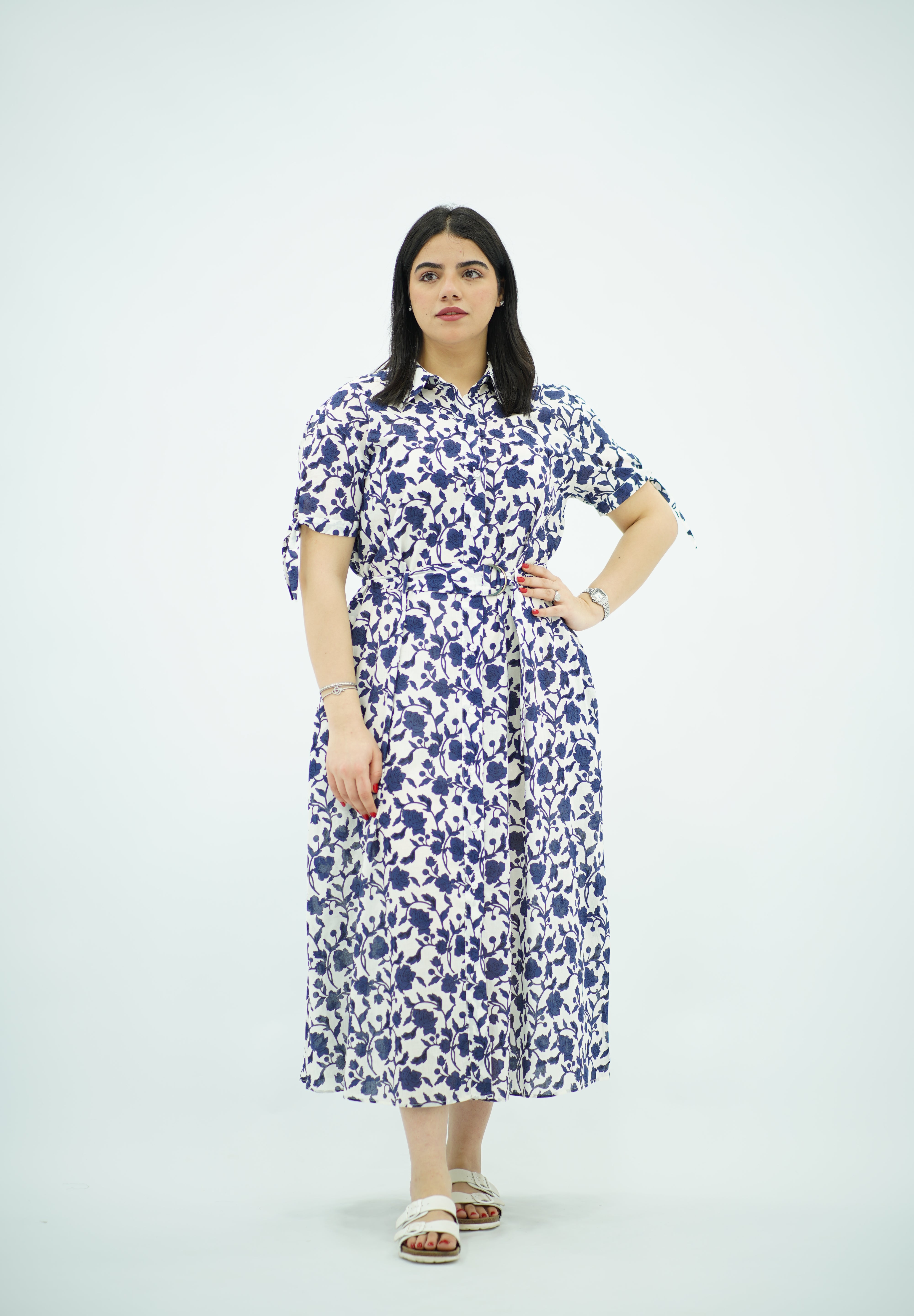 Robe Midi Fleurie Bleu et Blanc