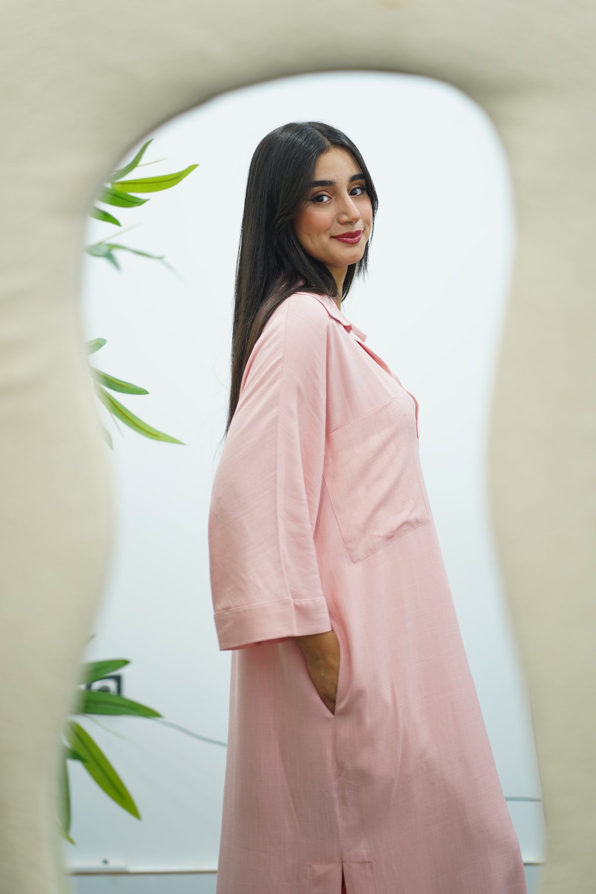 Robe Gandoura En lin - Rose claire