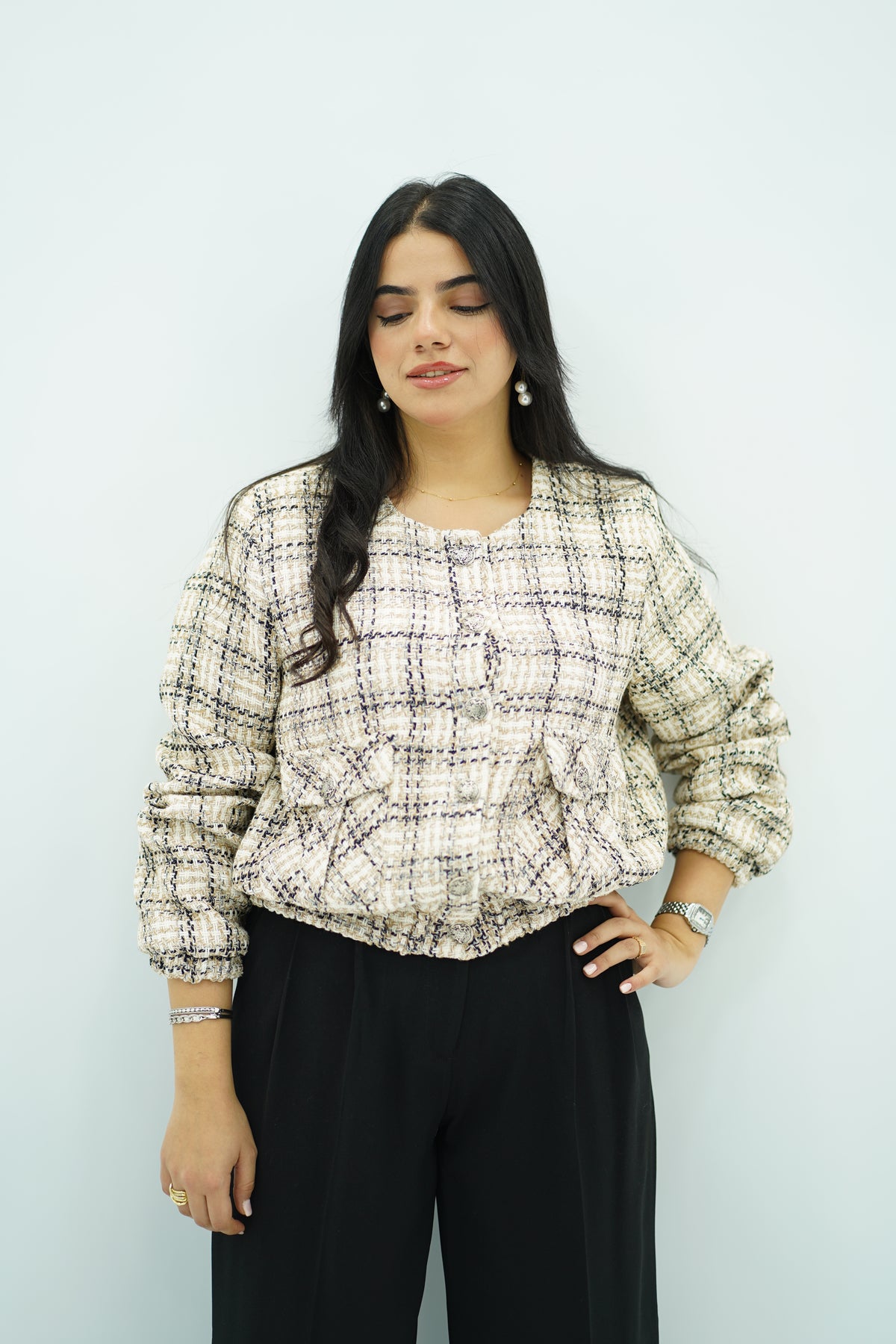 Bomber a carreaux en tweed