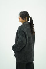 Manteau en Laine à Carreaux et Col Simili Cuir