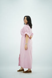 Robe-chemise longue rayée rose