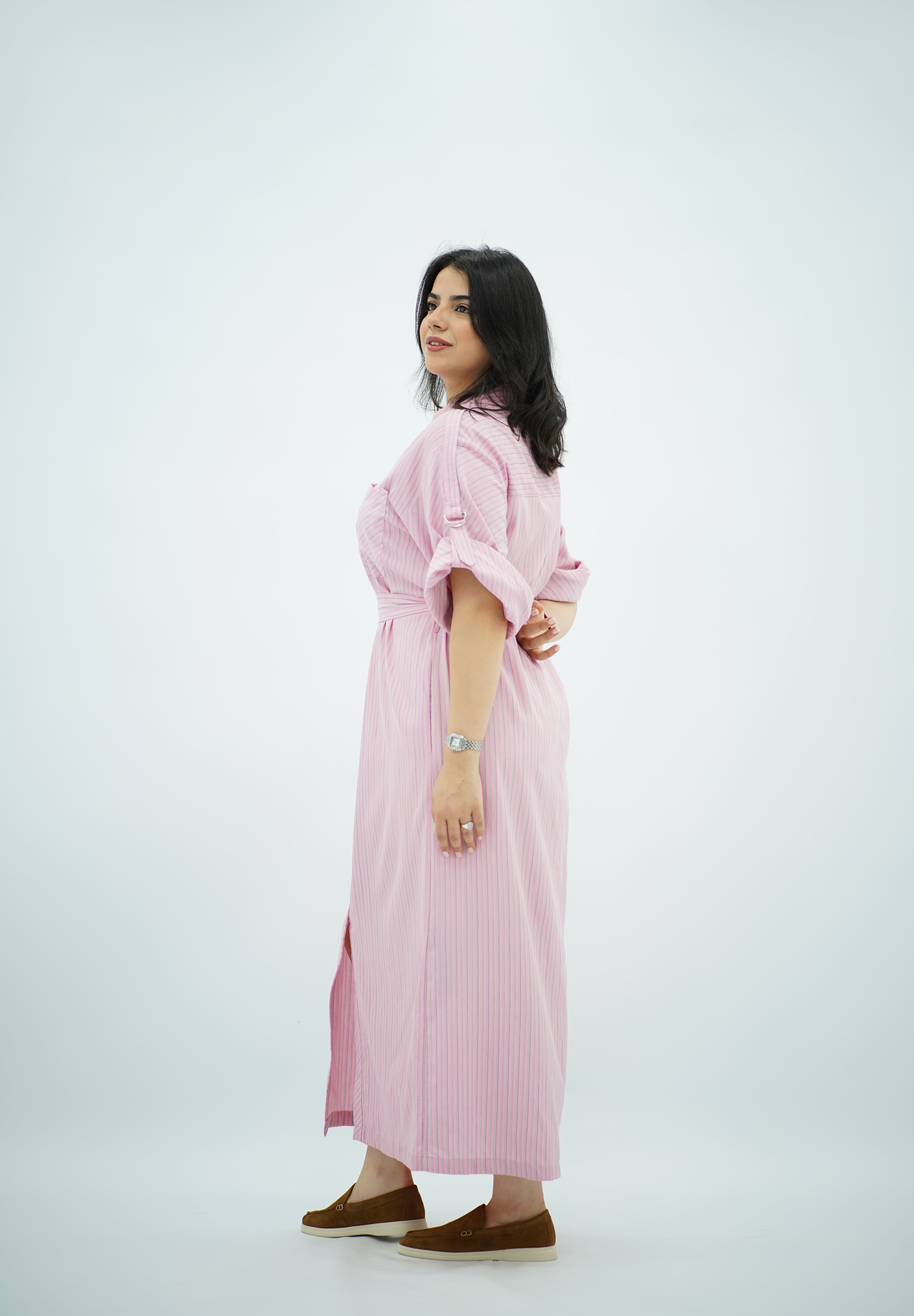 Robe-chemise longue rayée rose