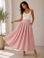 Jupe Longue Vichy Rose Taille Haute