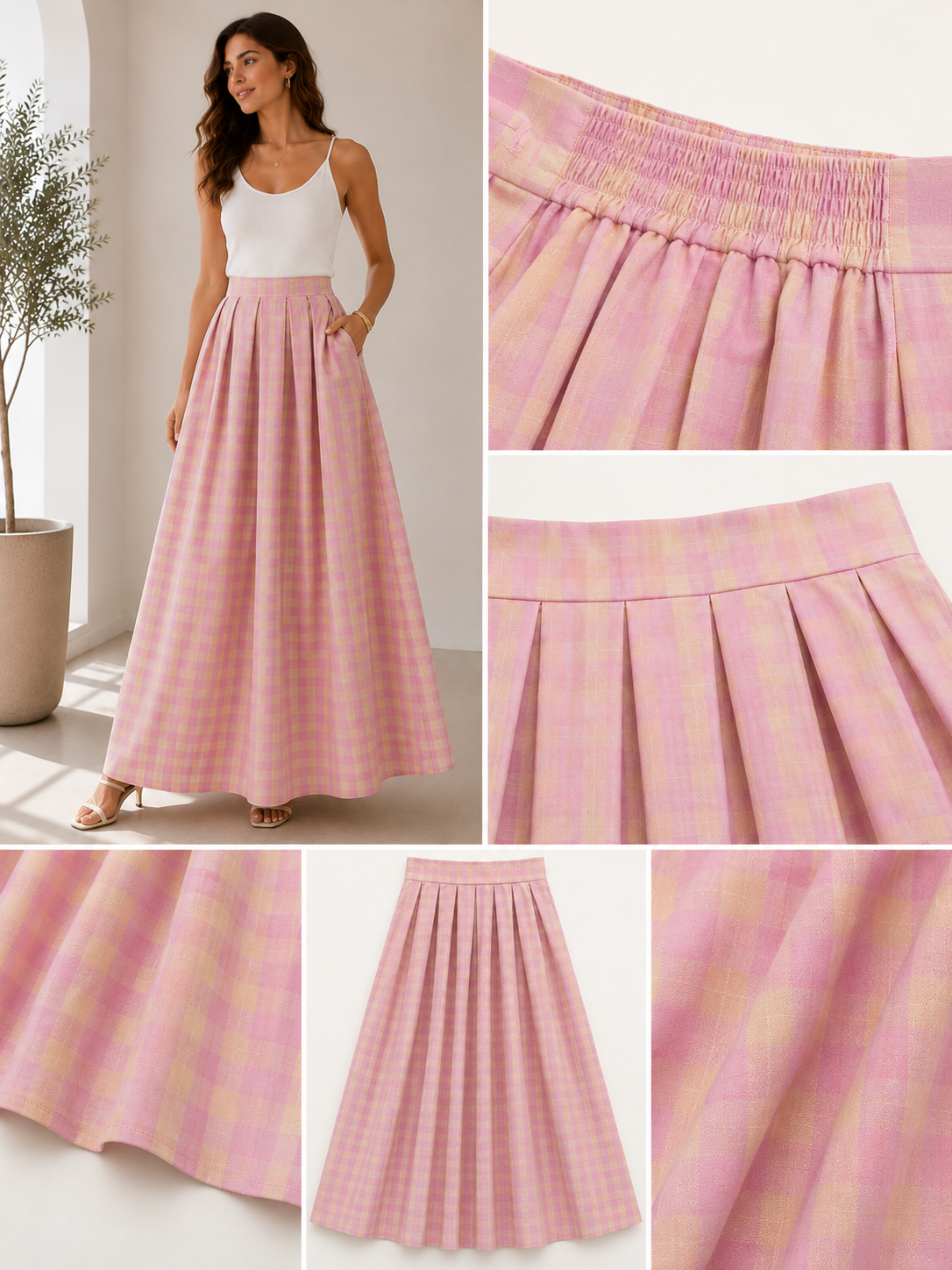 Jupe Longue Vichy Rose Taille Haute