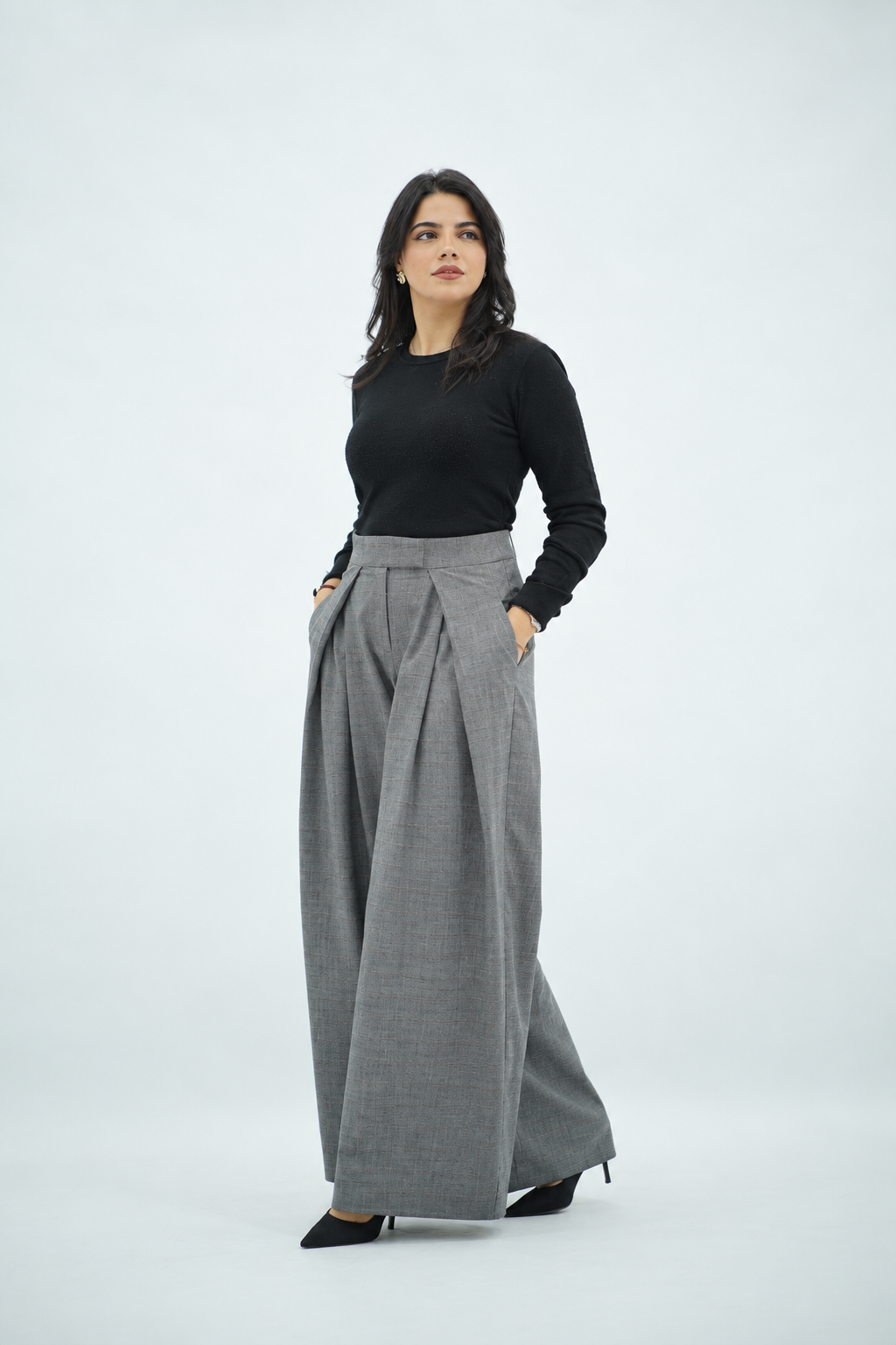 Pantalon Large Gris à Carreaux