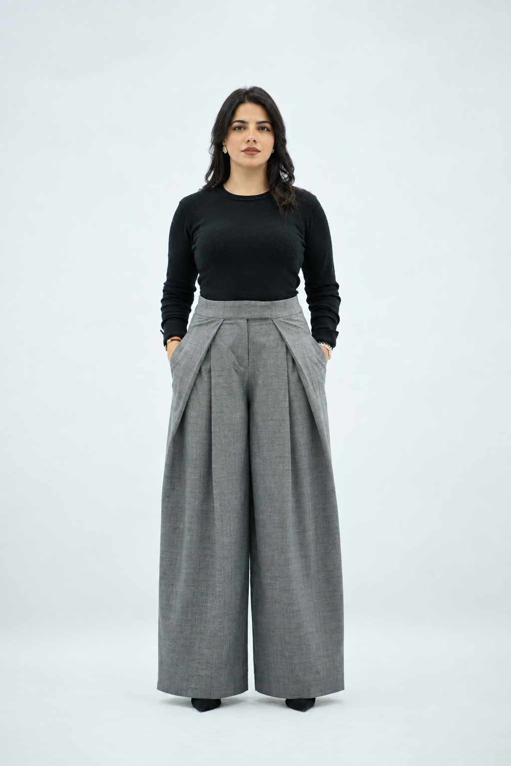 Pantalon Large Gris à Carreaux