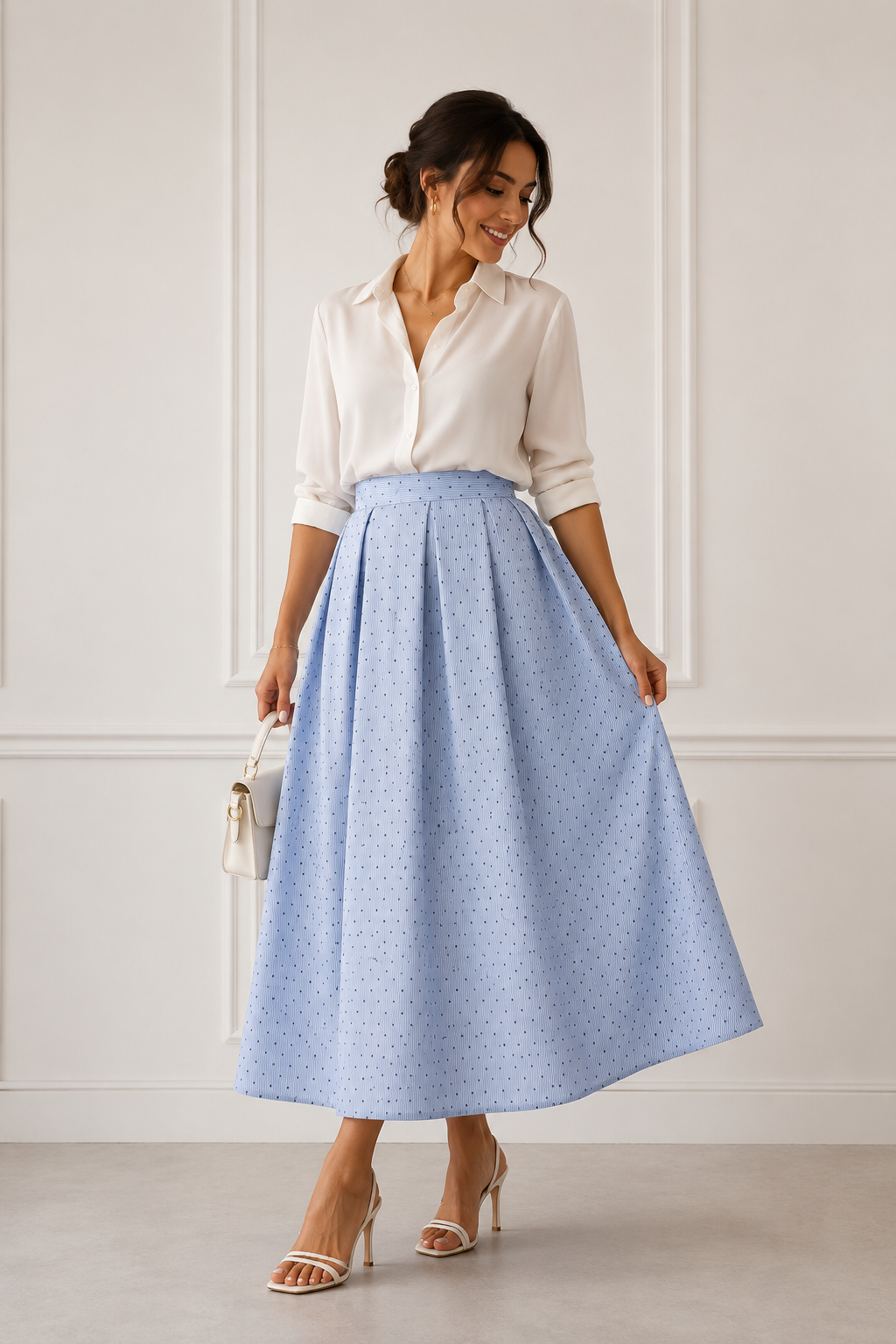 Jupe longue gris bleu à pois