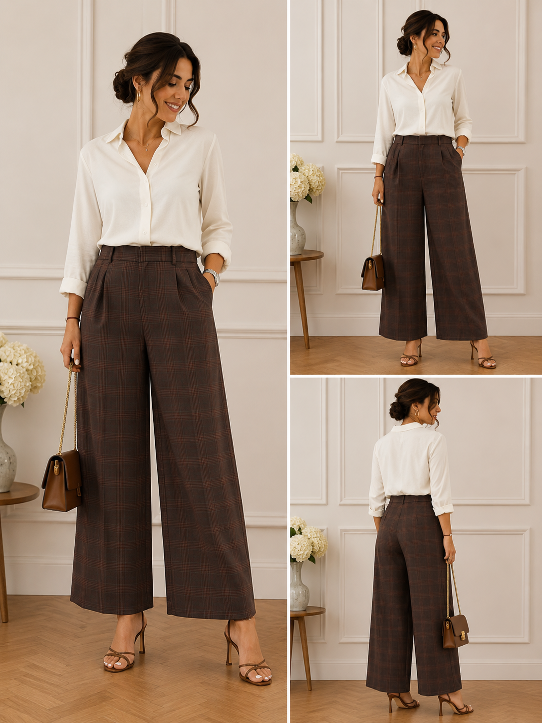 Pantalon Large Taille Haute à Carreaux