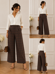 Pantalon Large Taille Haute à Carreaux