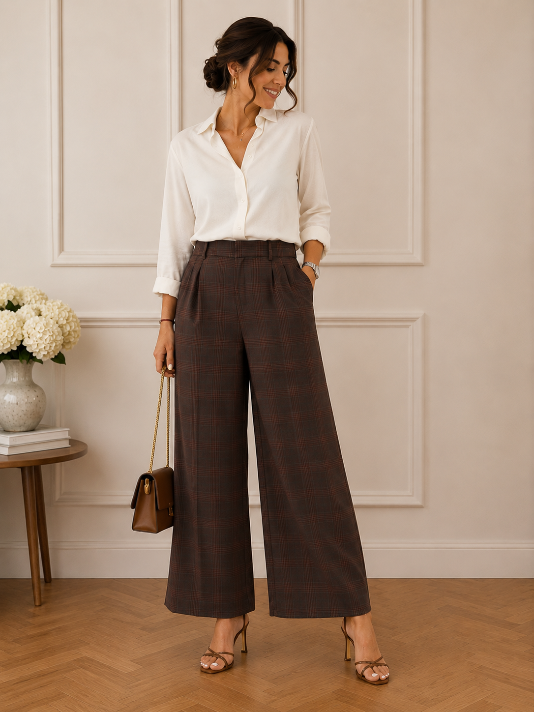 Pantalon Large Taille Haute à Carreaux