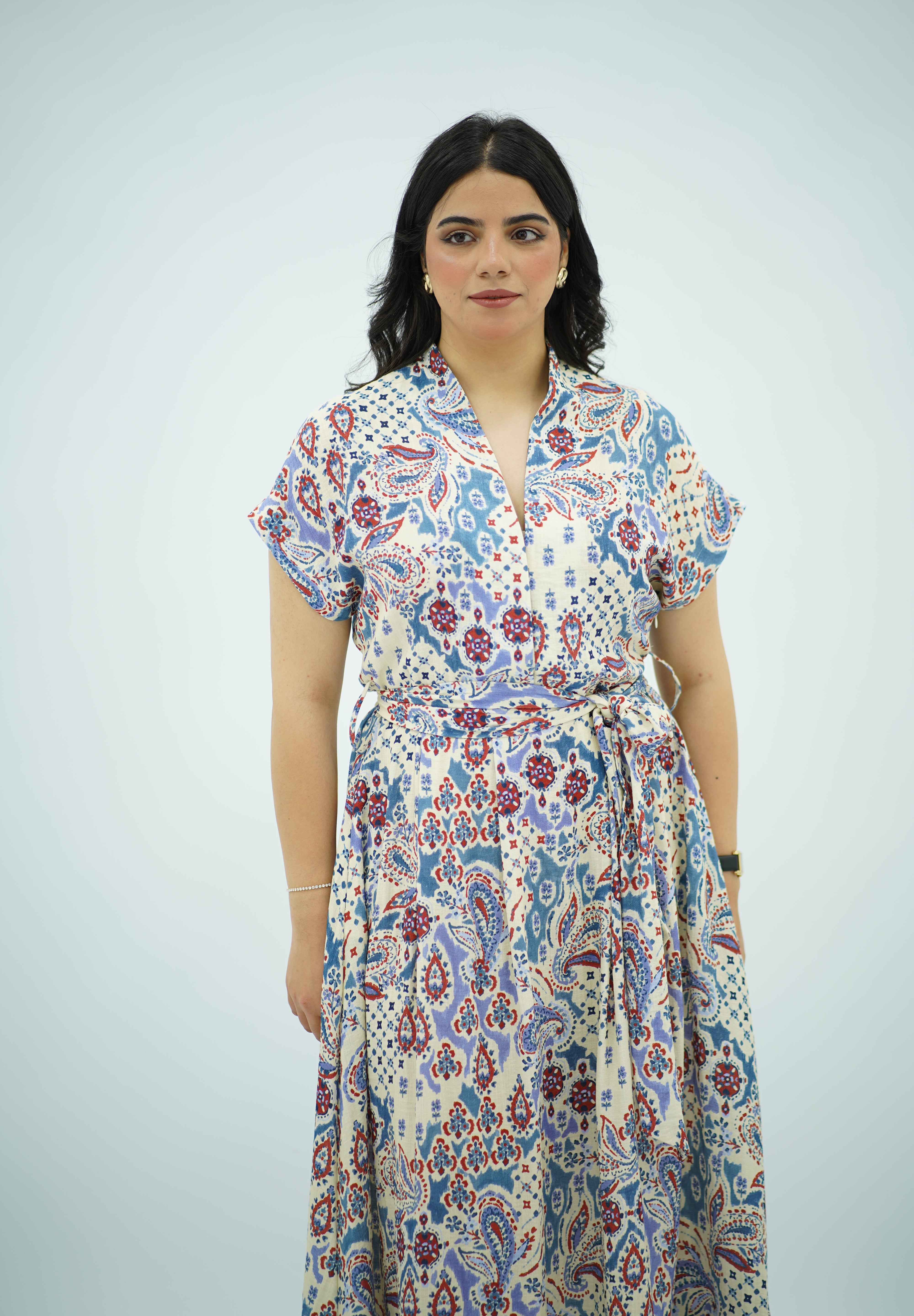 Robe Midi en Lin Fluide à Motif
