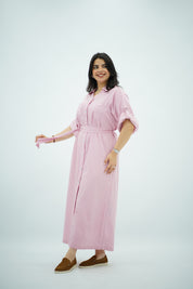 Robe-chemise longue rayée rose