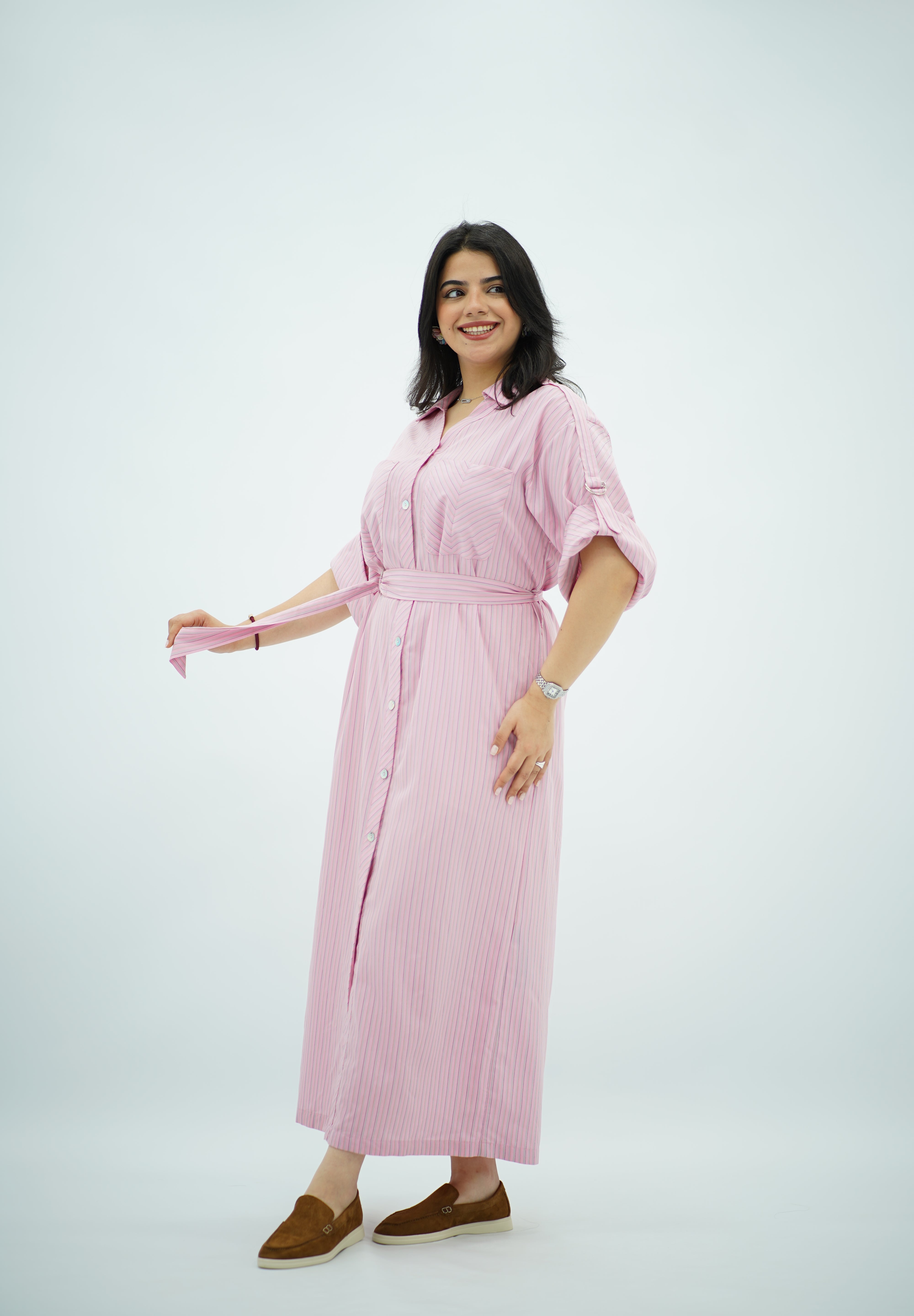 Robe-chemise longue rayée rose