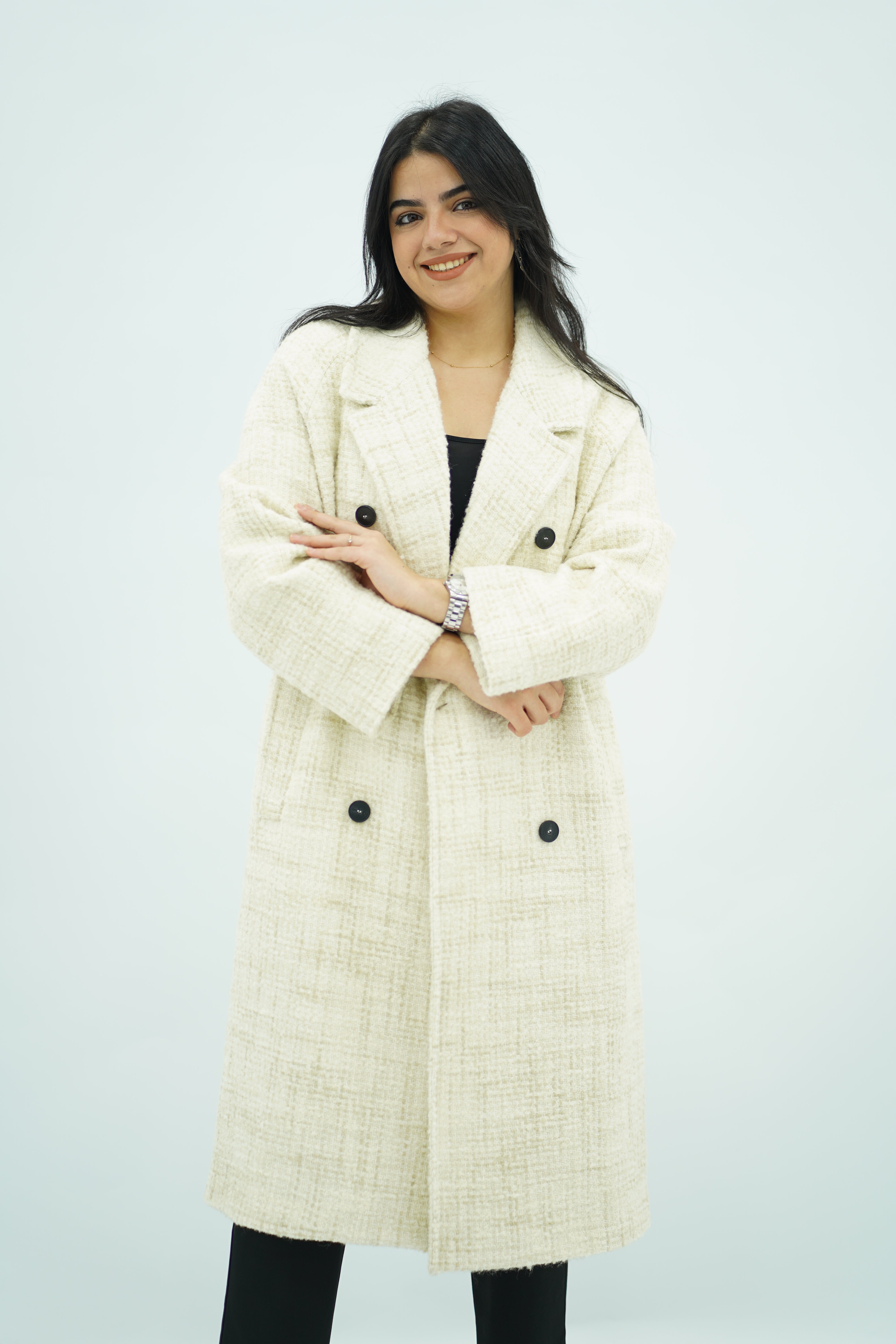 Manteau long écru texturé