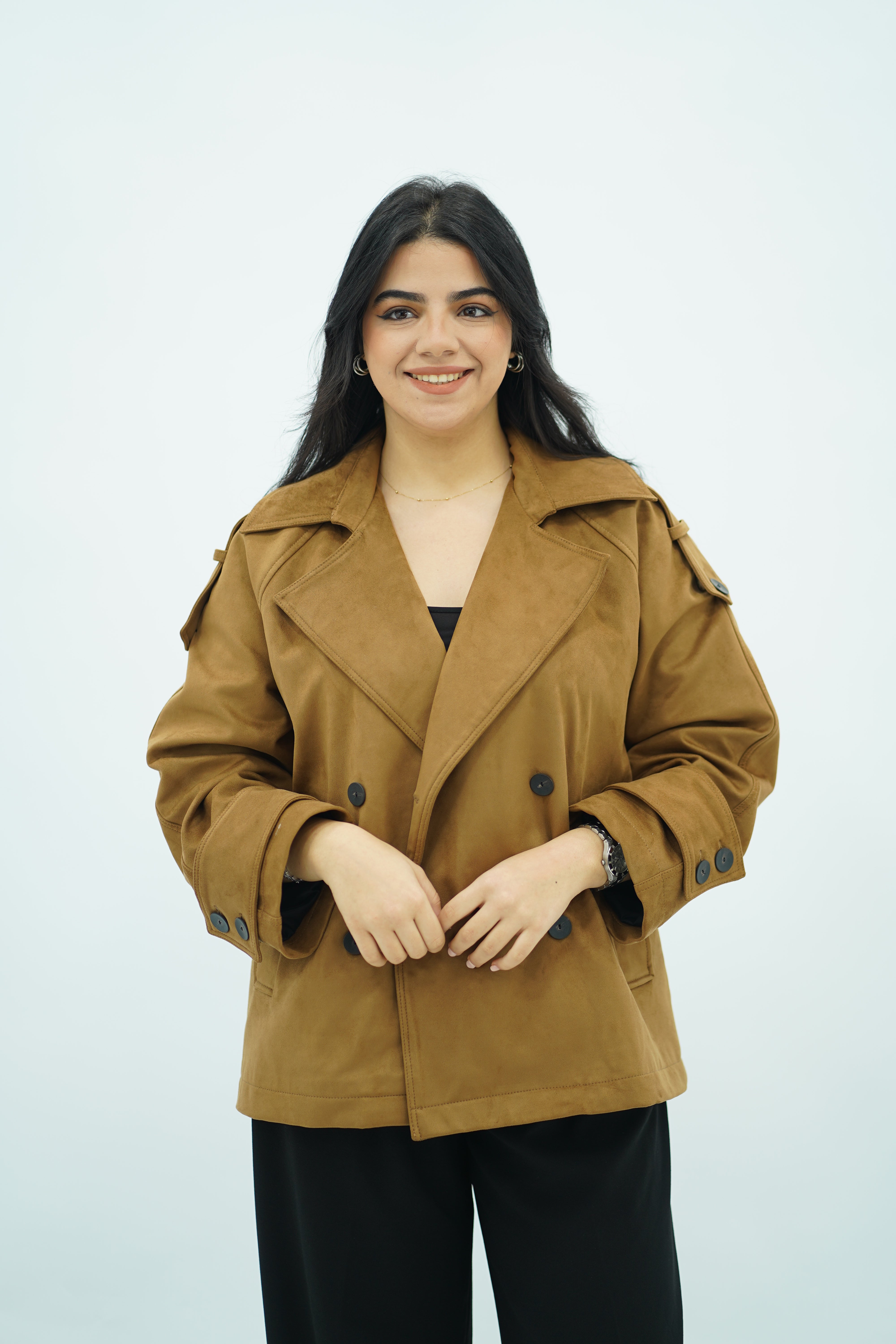 Trench court Camel en Faux Daim