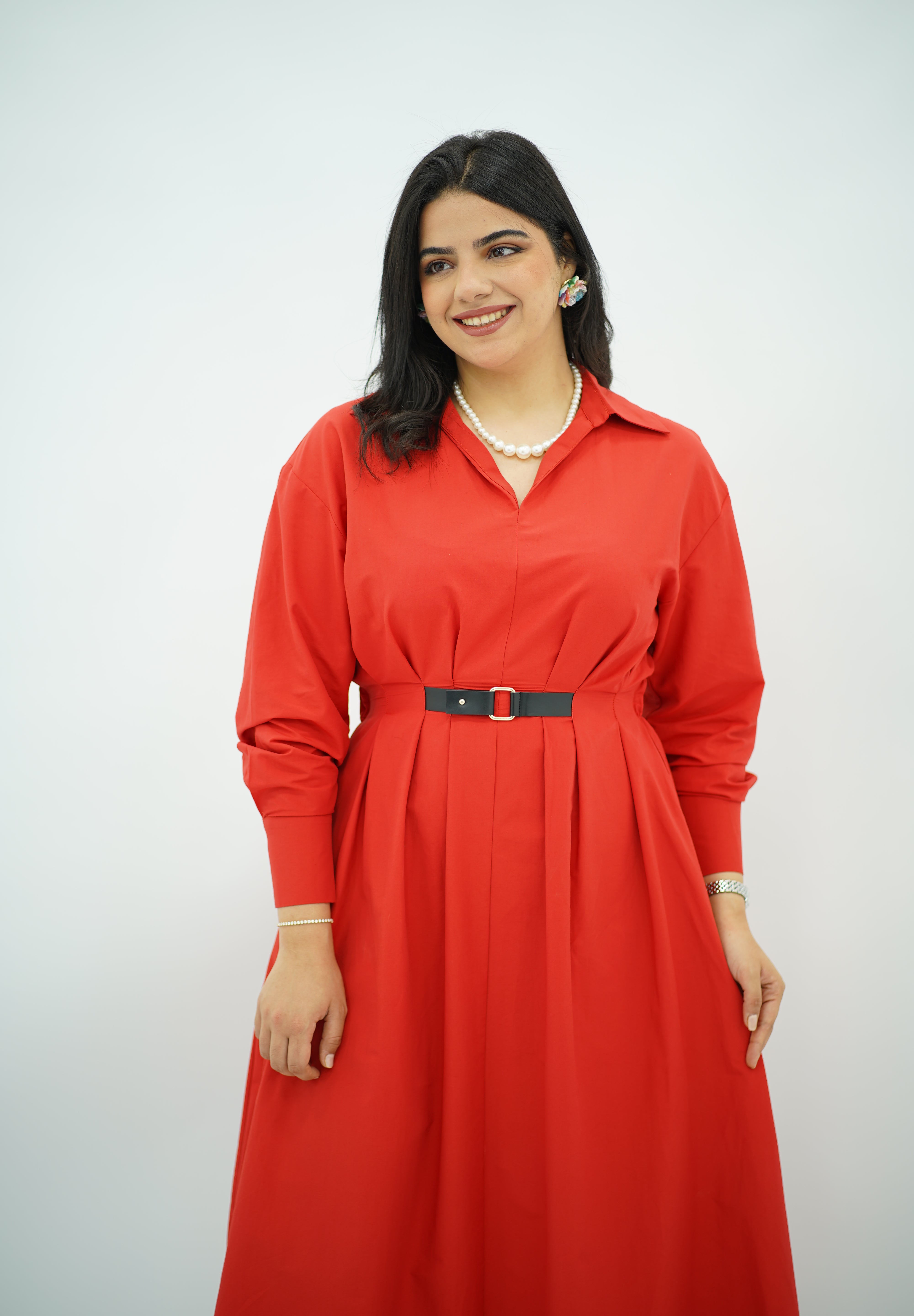Robe En popeline ceinturé Rouge