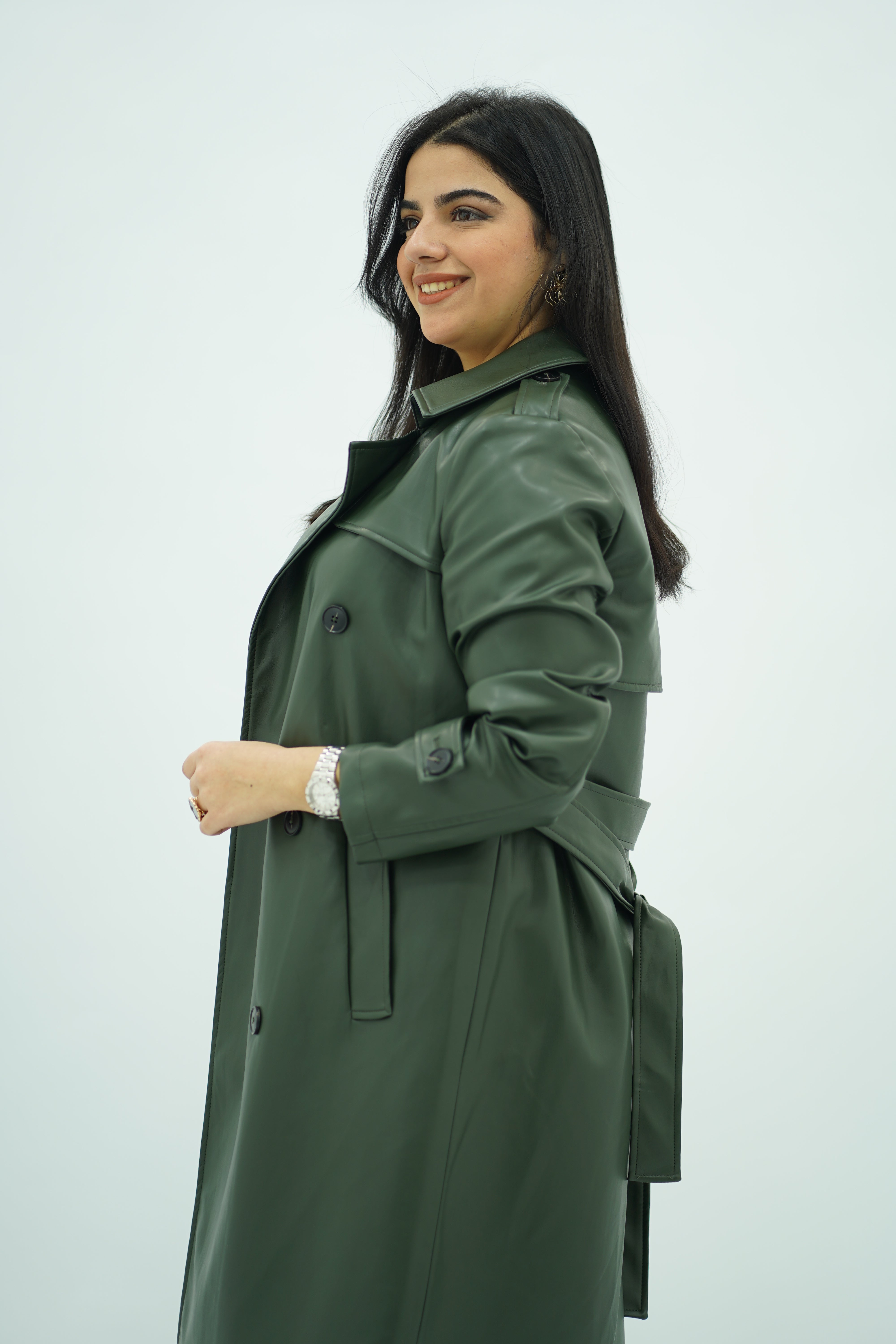 Trench Coat en Similicuir Kaki