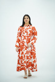 Robe Longue à Motif Floral Abstrait Orange