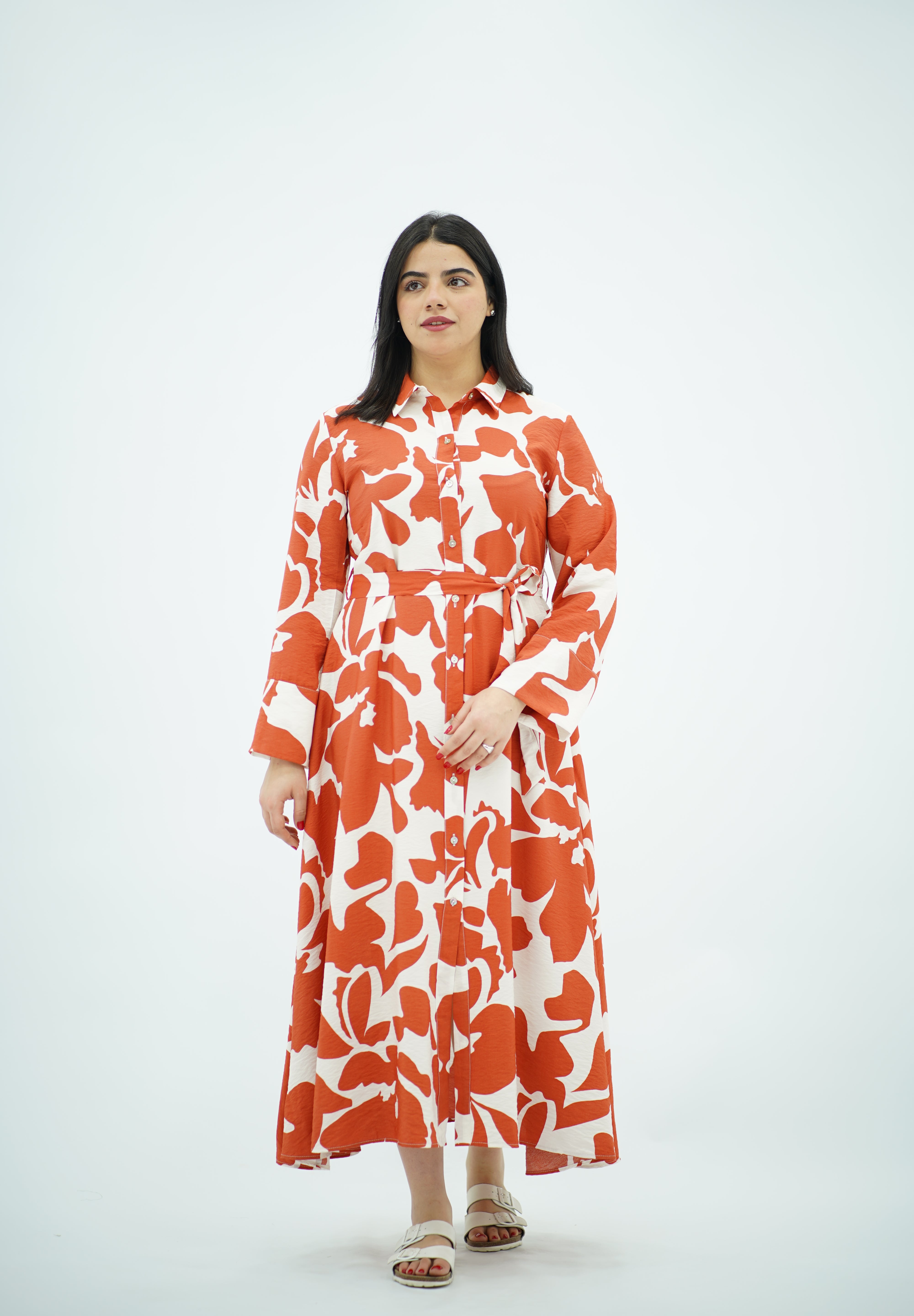 Robe Longue à Motif Floral Abstrait Orange