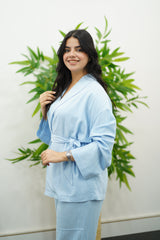 Ensemble bleu ciel en lin style kimono