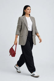 Blazer Structuré à Micro-Carreaux Noir & Beige