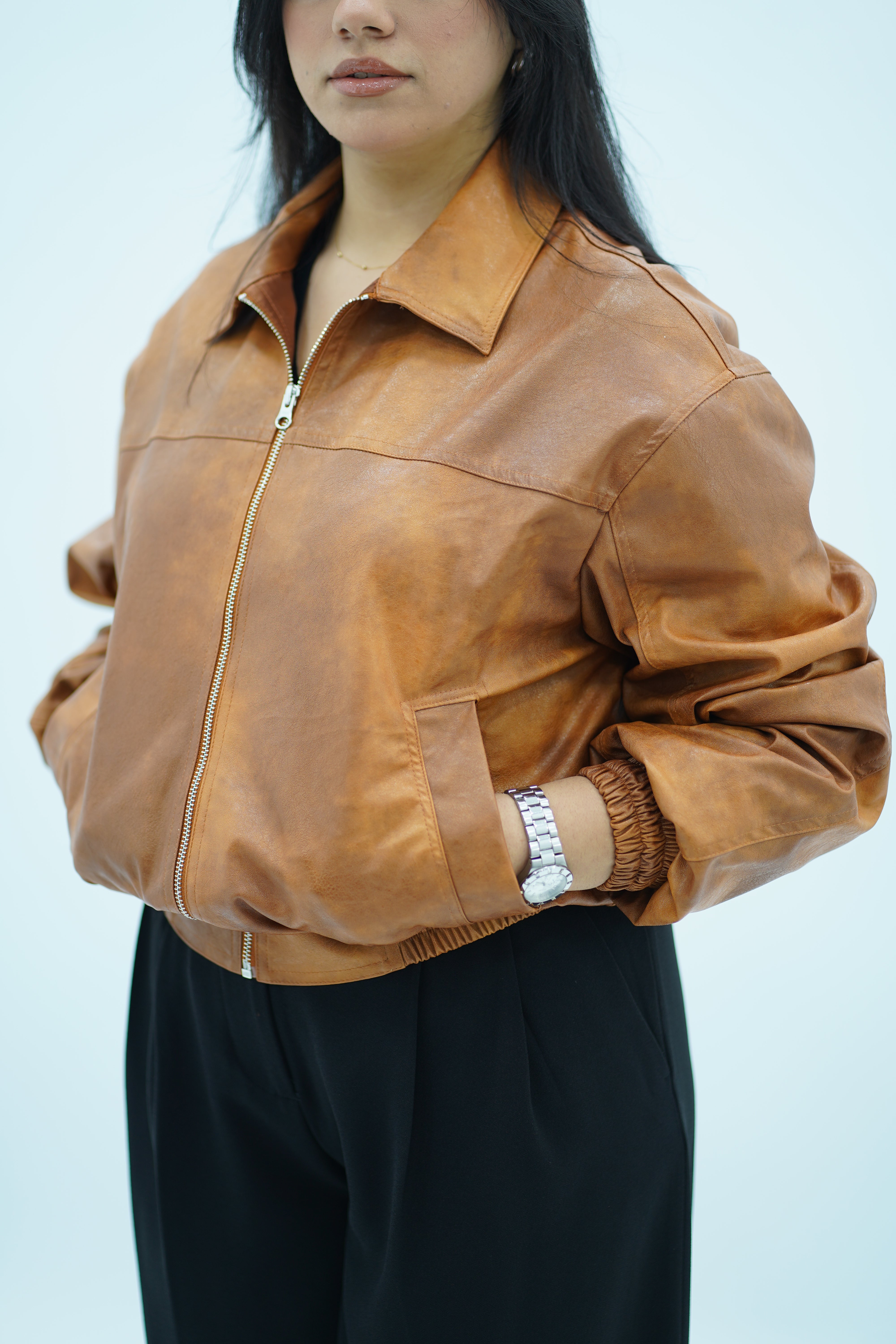 Bomber effet cuir marron-camel