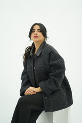 Manteau en Laine à Carreaux et Col Simili Cuir