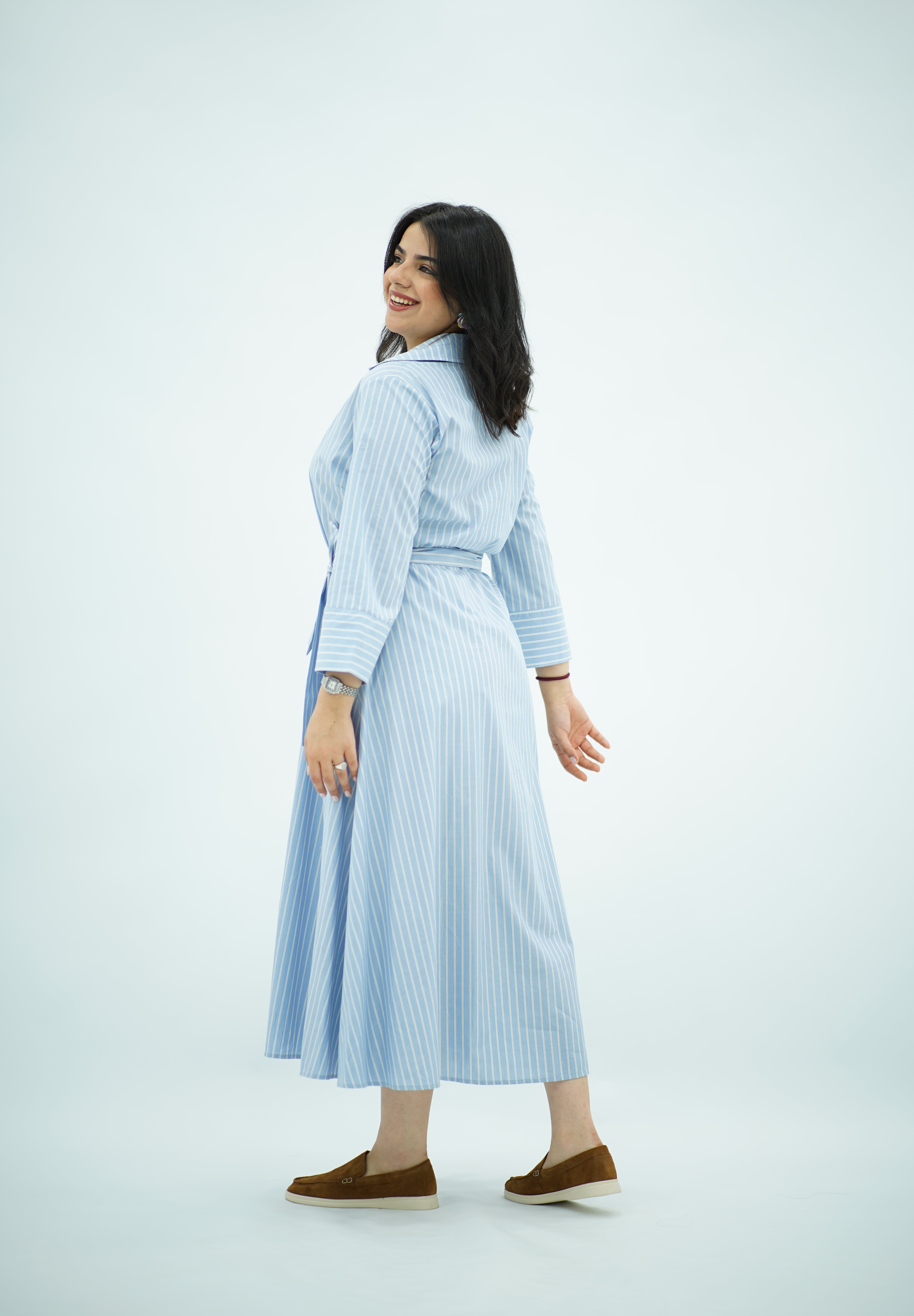 Robe-chemise longue rayée bleu ciel