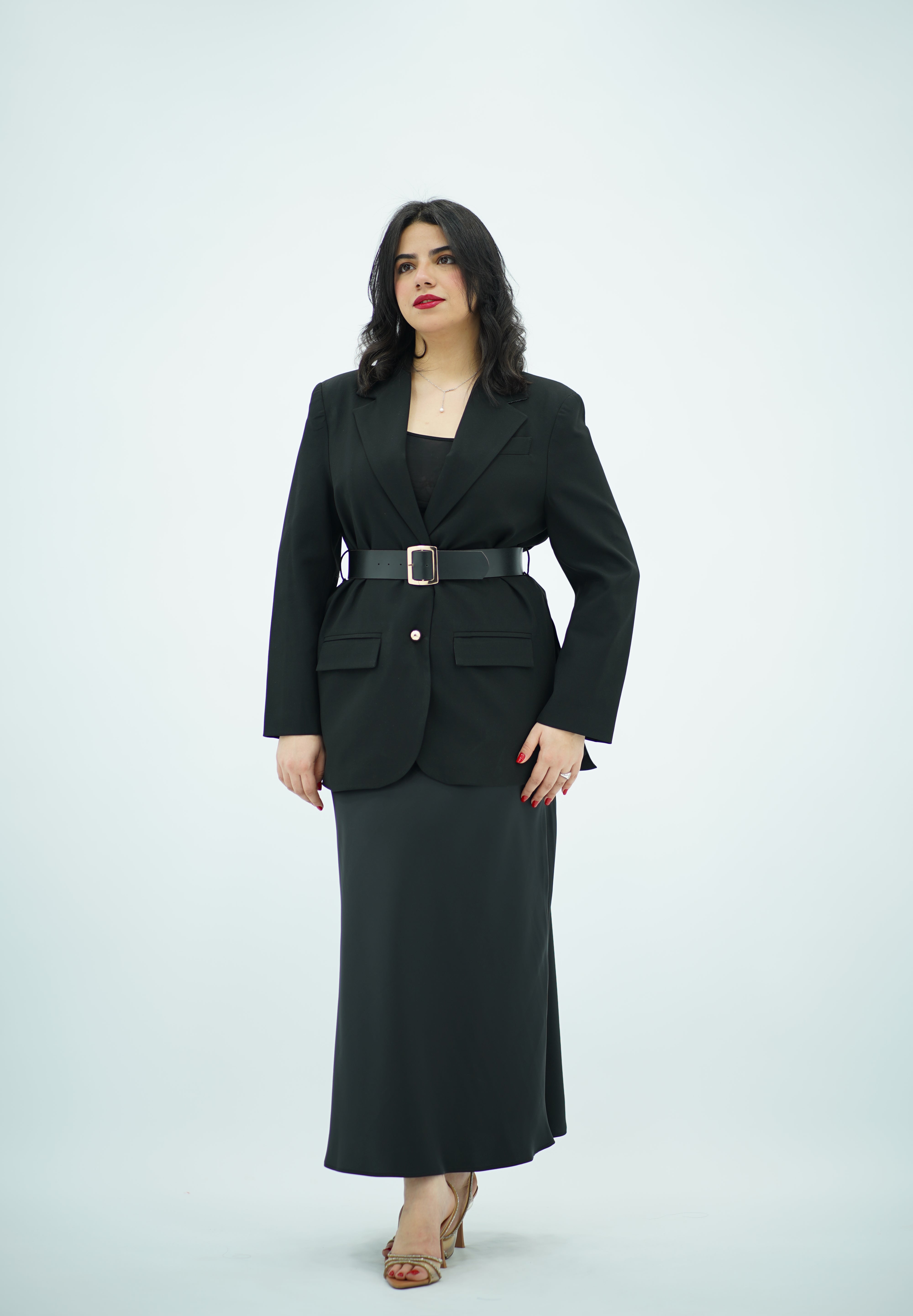 Blazer Noir Structuré à Taille Ceinturée