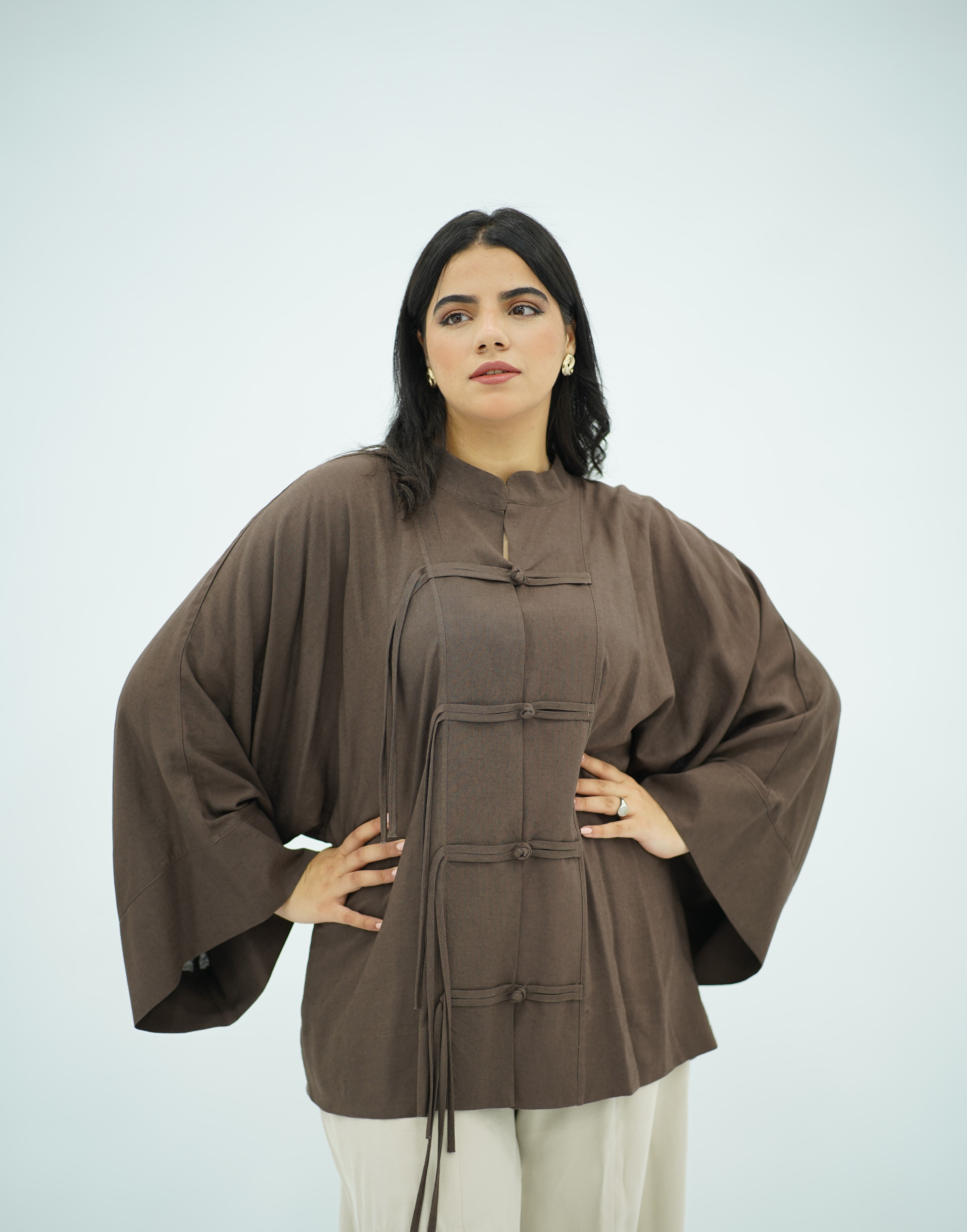Chemise en Lin Élégante à Nœuds Chinois - Marron