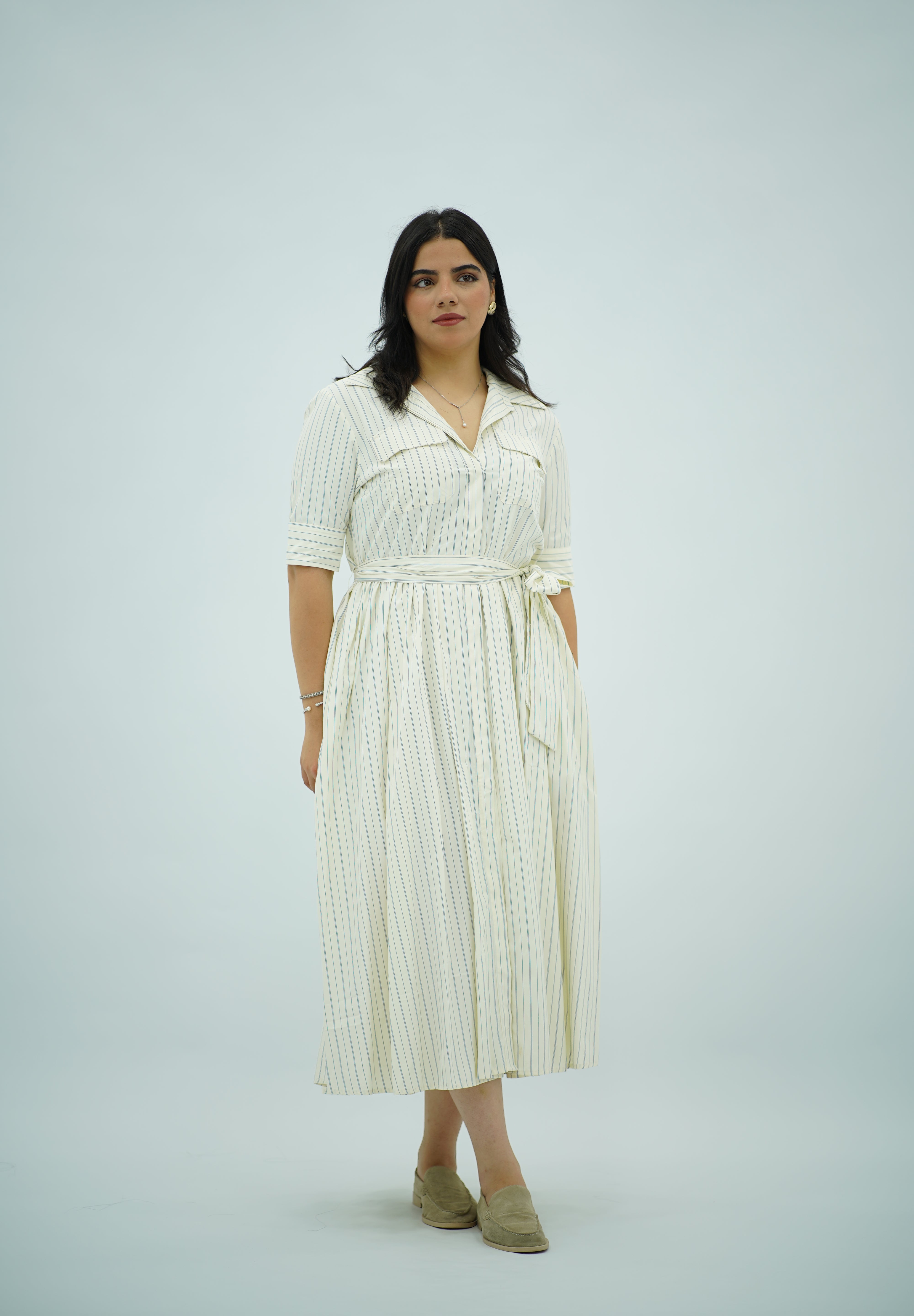 Robe Chemisier Fluide Rayée Ceinturée
