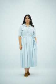 Robe Chemisier Fluide Rayée Ceinturée - Bleu Ciel