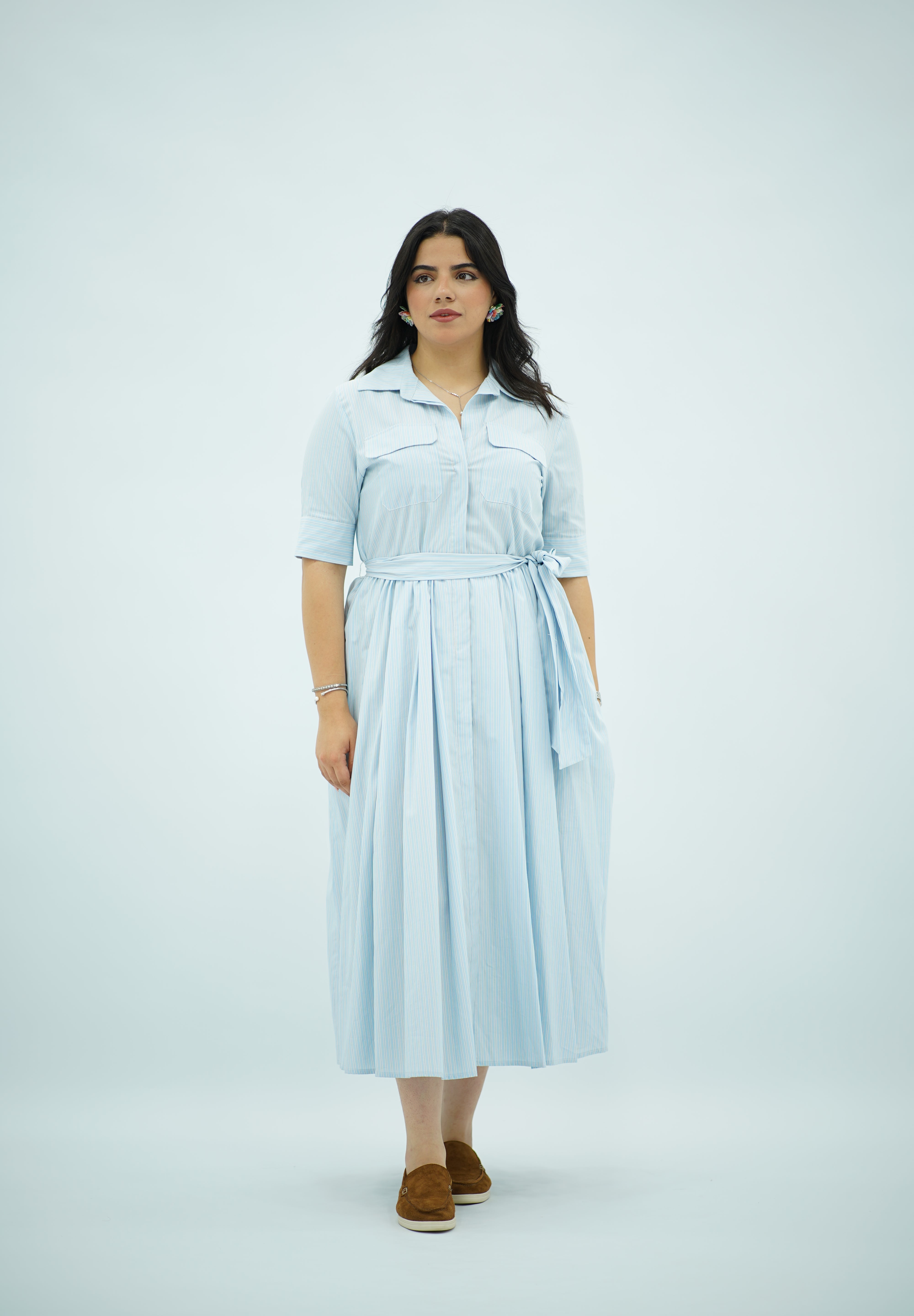 Robe Chemisier Fluide Rayée Ceinturée - Bleu Ciel