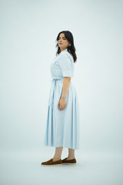 Robe Chemisier Fluide Rayée Ceinturée - Bleu Ciel