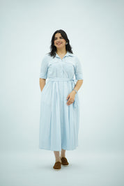 Robe Chemisier Fluide Rayée Ceinturée - Bleu Ciel