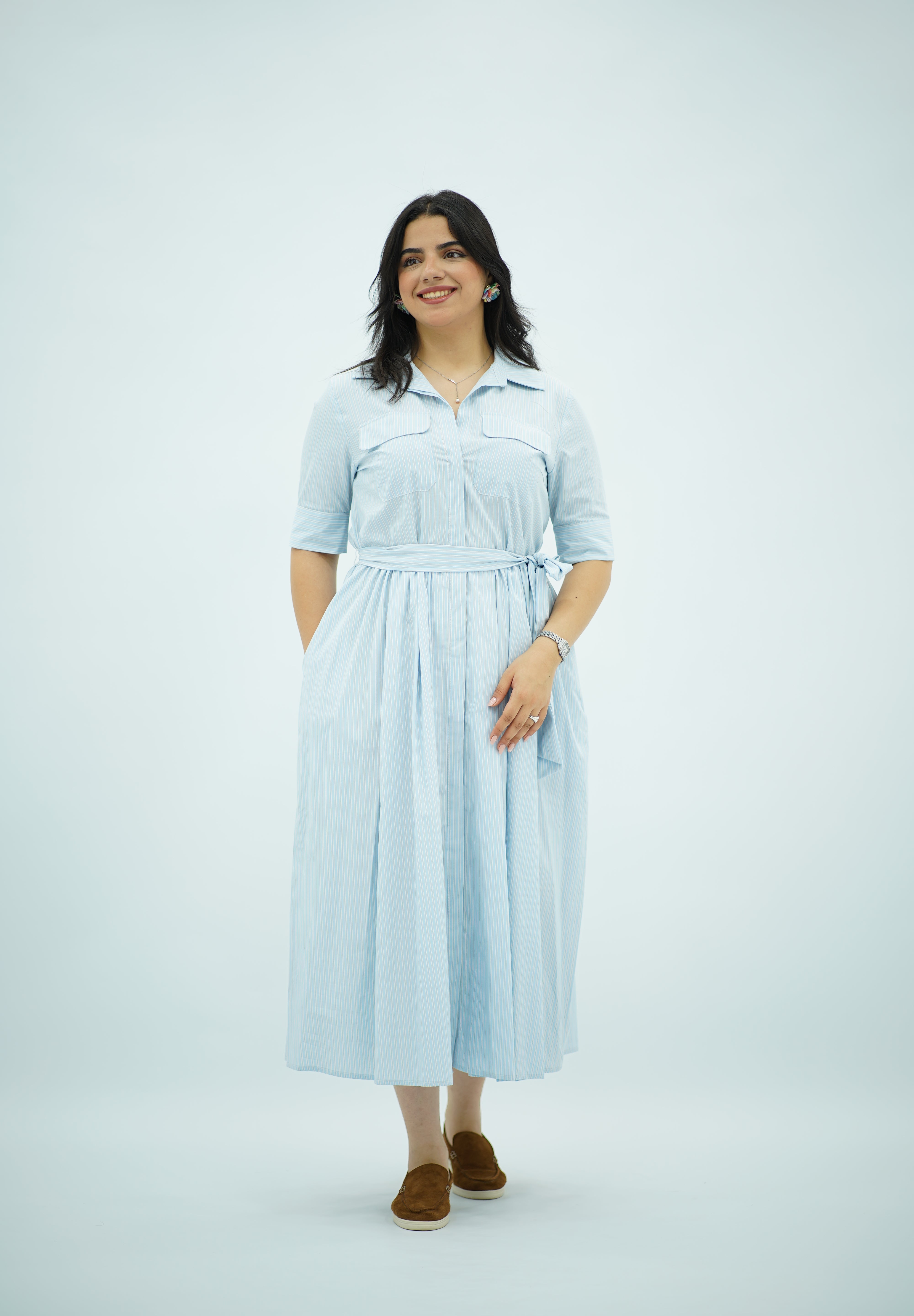 Robe Chemisier Fluide Rayée Ceinturée - Bleu Ciel