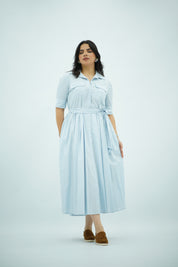 Robe Chemisier Fluide Rayée Ceinturée - Bleu Ciel