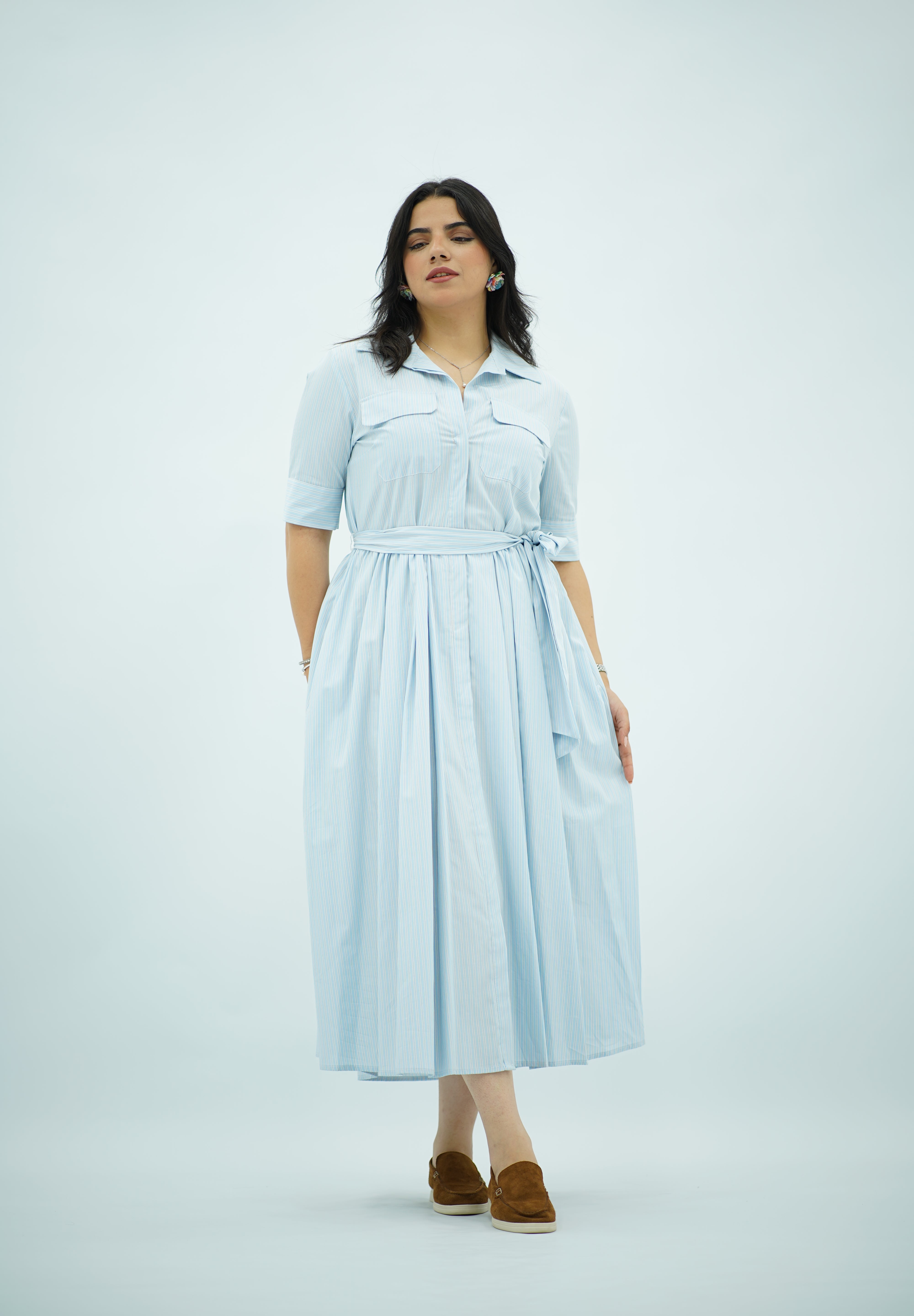 Robe Chemisier Fluide Rayée Ceinturée - Bleu Ciel