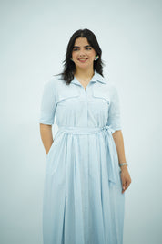 Robe Chemisier Fluide Rayée Ceinturée - Bleu Ciel