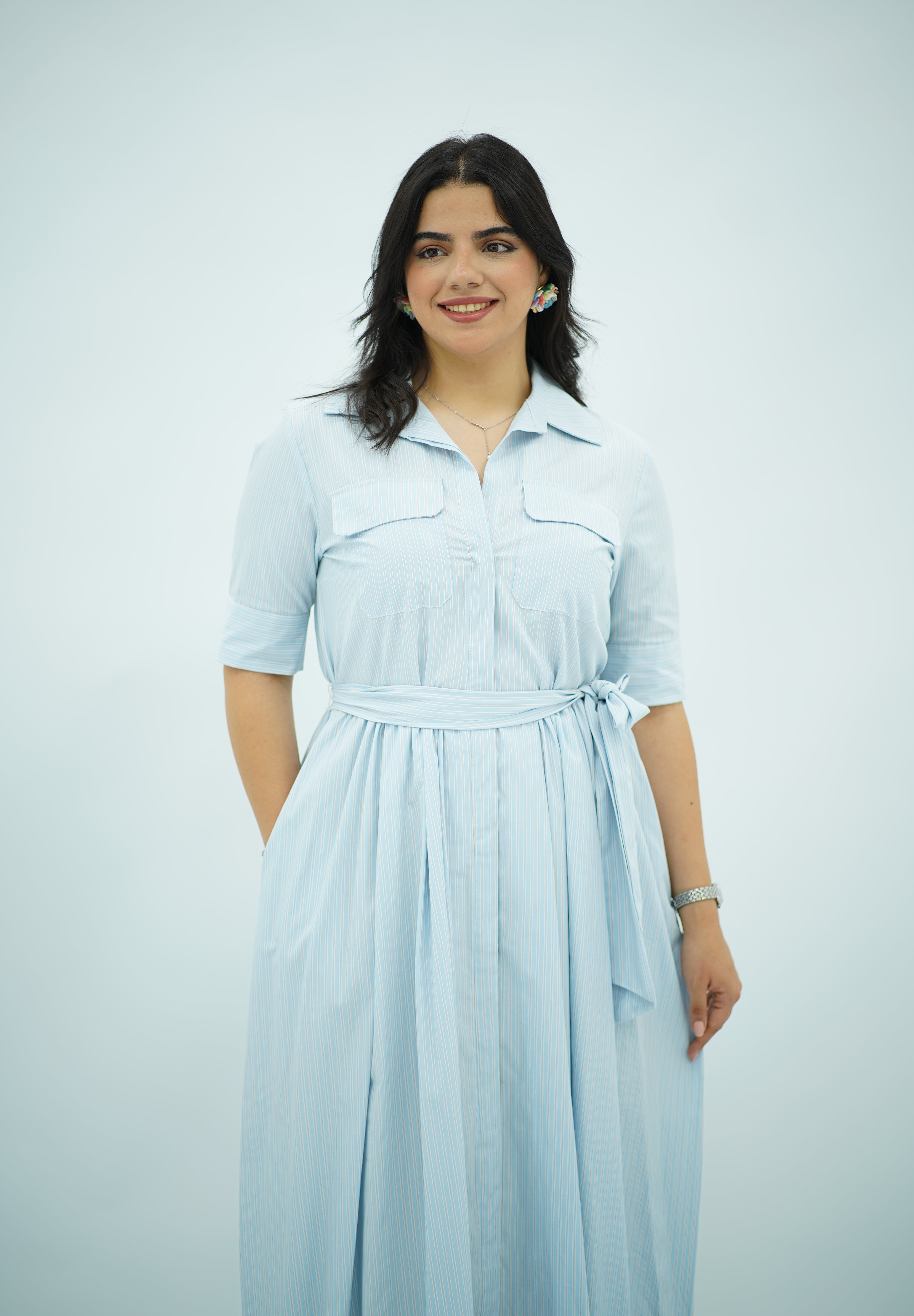 Robe Chemisier Fluide Rayée Ceinturée - Bleu Ciel