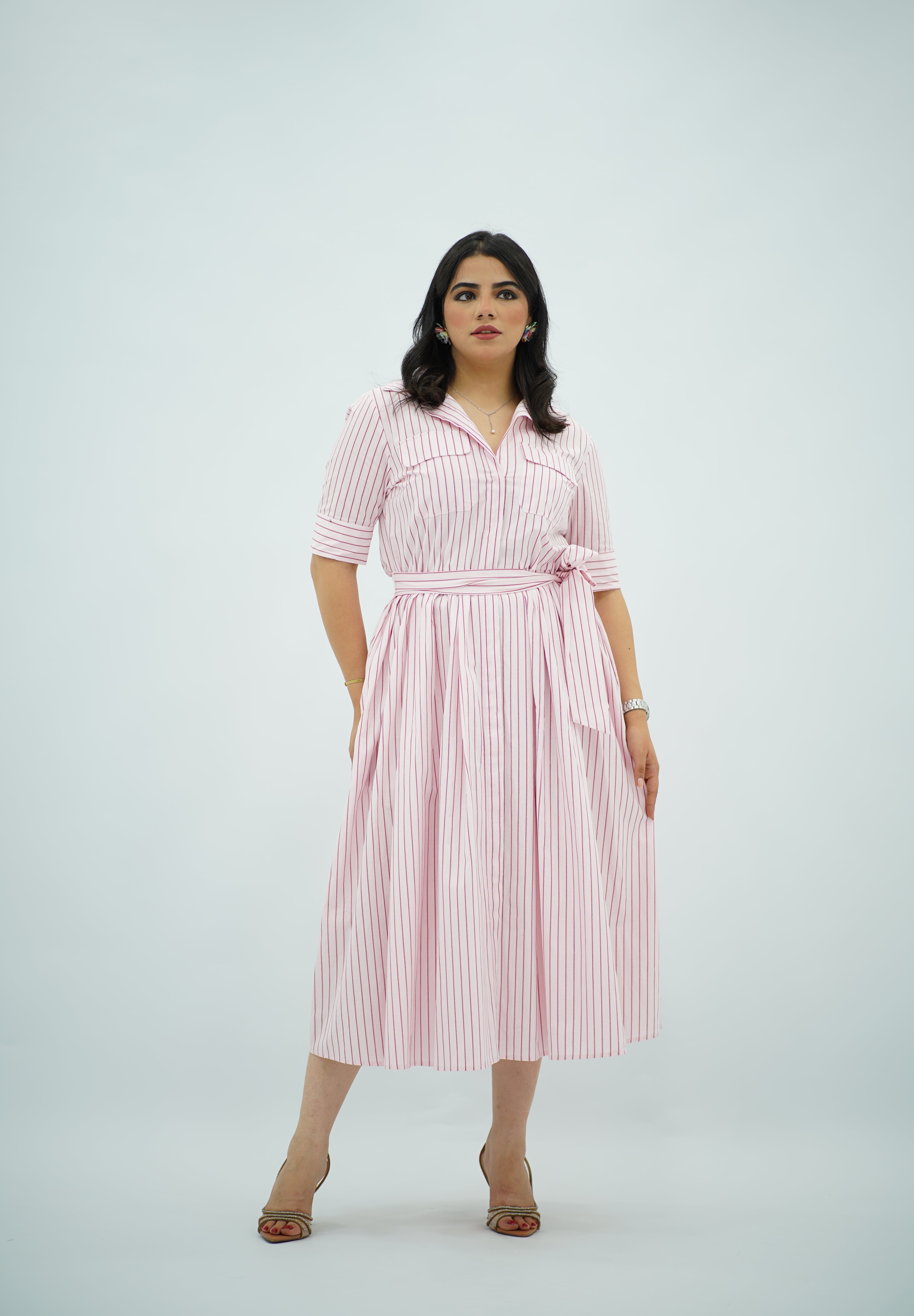 Robe midi chemisier à rayures roses et blanches