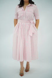 Robe midi chemisier à rayures roses et blanches