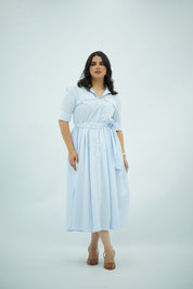 Robe chemisier midi rayée bleu ciel