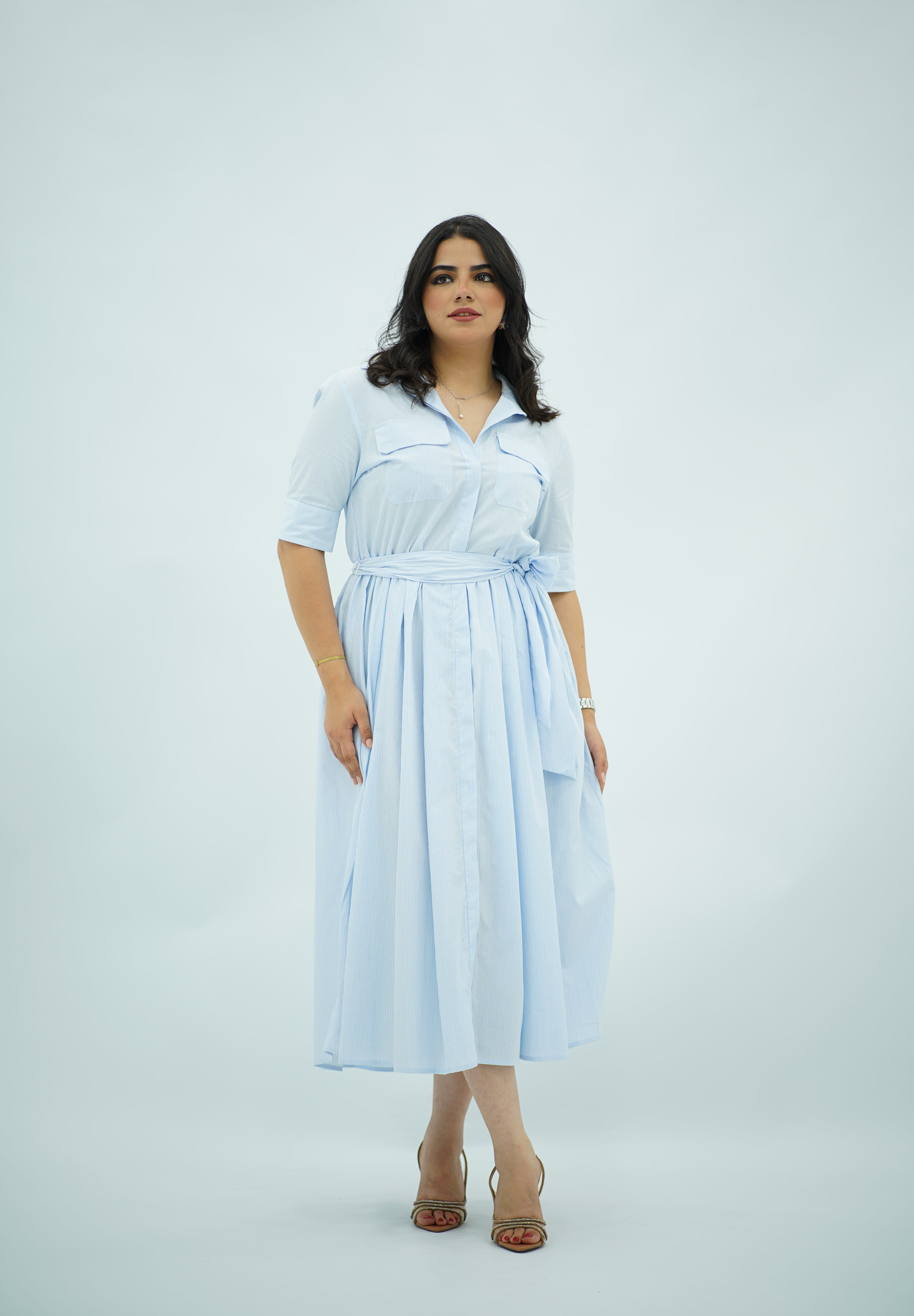 Robe chemisier midi rayée bleu ciel
