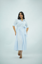 Robe chemisier midi rayée bleu ciel